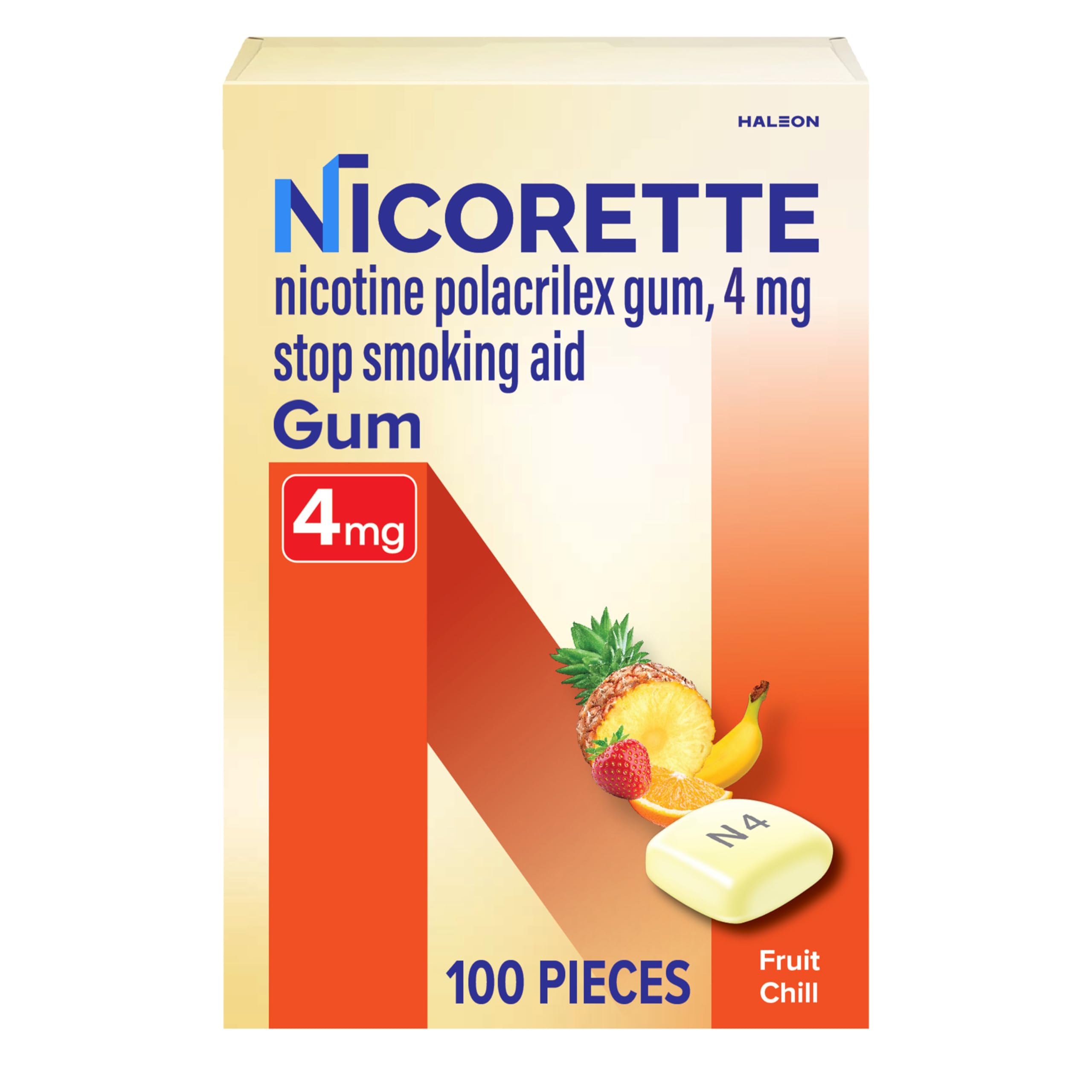 Nicorette 4mg Nicotine Gum for Quitting Smoking - Fruit Chill Flavor, 100 Pieces | Stop Smoking Aid, Nicotine Replacement Therapy for Smokers | Perfect for Work, Travel & Stressful Situations