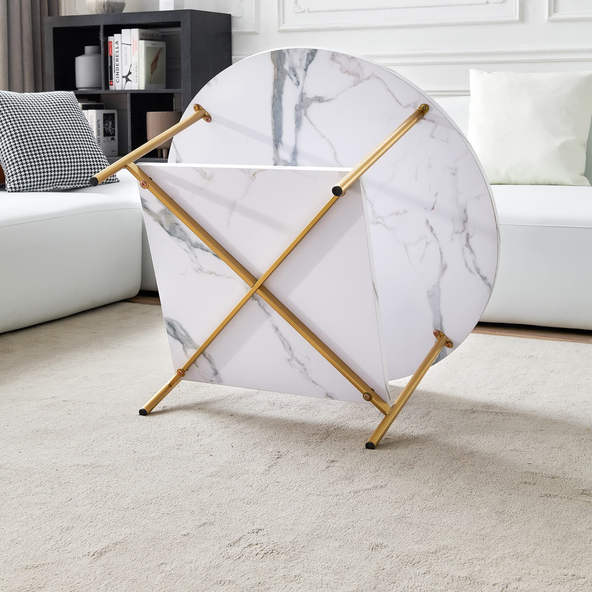 Modern Round Marble Coffee Table with Storage Shelf - Gold Accent Living Room Side Table for Sofa, Lounge & Dining Room - Stylish Home Decor Centerpiece