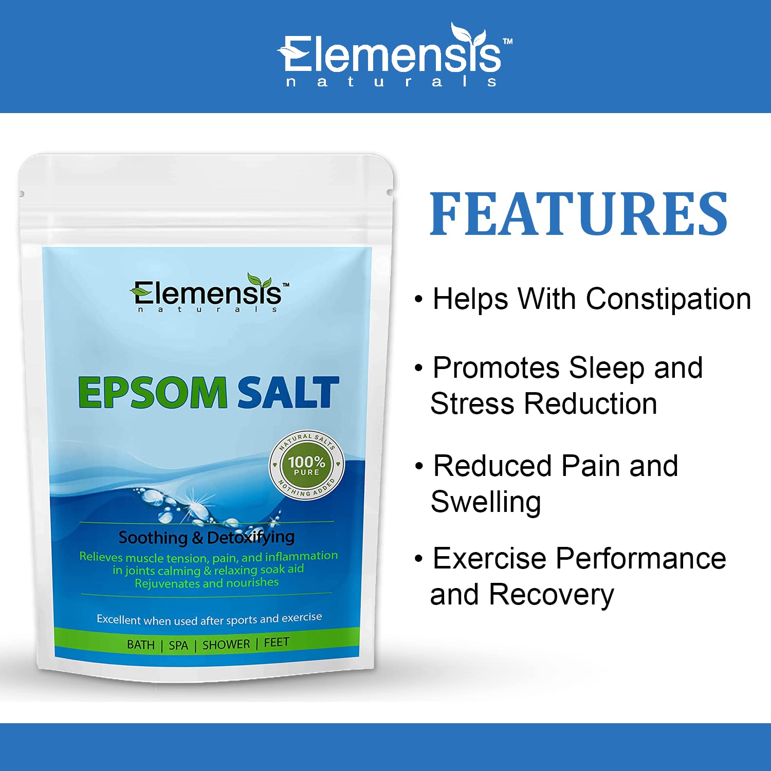 Elemensis Naturals Pure Epsom Salt Granules (Magnesium Sulfate) - 1kg (2 x 500g) for Relaxing Baths, Foot Soaks, Muscle Pain Relief & Spa Therapy | Perfect for Post-Workout Recovery, Stress Relief & Detox Baths