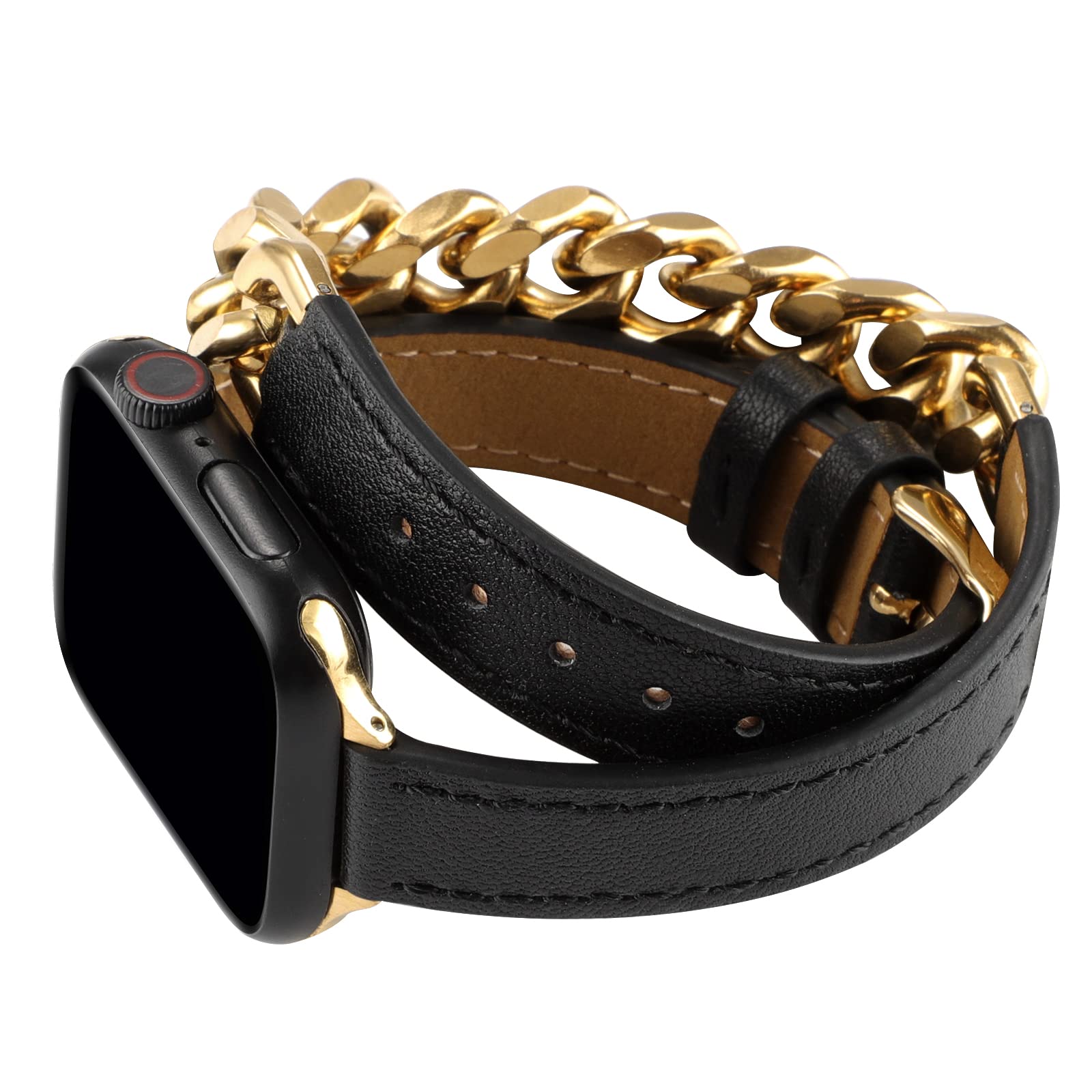 Premium Stainless Steel Leather Band for Apple Watch Series 9/8/7/6/5/4/3/2/SE/Ultra - 49mm 45mm 44mm 42mm 41mm 40mm 38mm Sizes - Cowboy Cuban Chain Bracelet for Men & Women - Perfect for Workouts, Office Wear & Casual Fashion