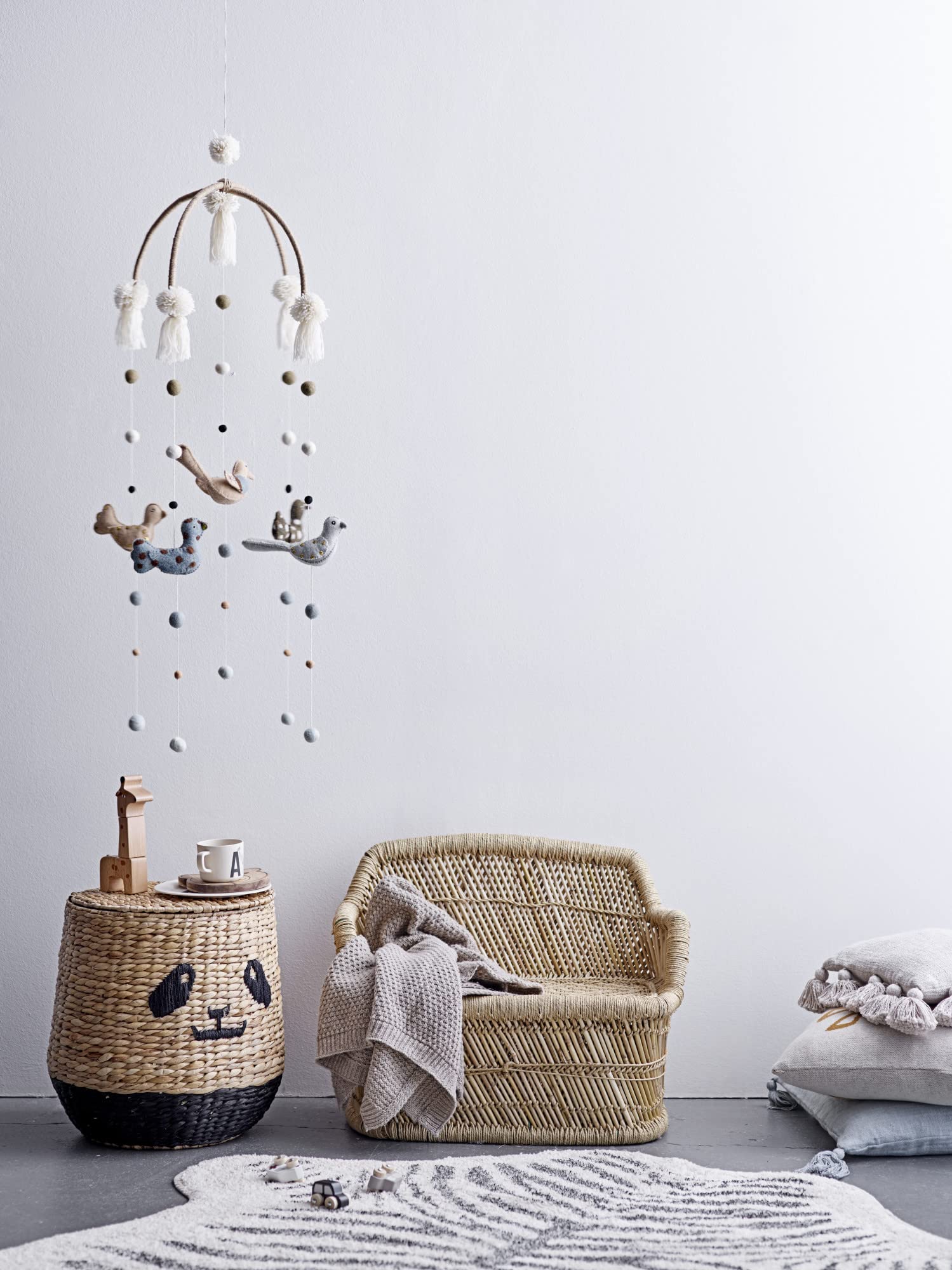 Bloomingville Handwoven Beige & Black Panda Face Rattan Lid Basket - Stylish Storage for Home Decor, Nursery, or Gift Giving - Perfect for Organizing Toys, Blankets, or Magazines