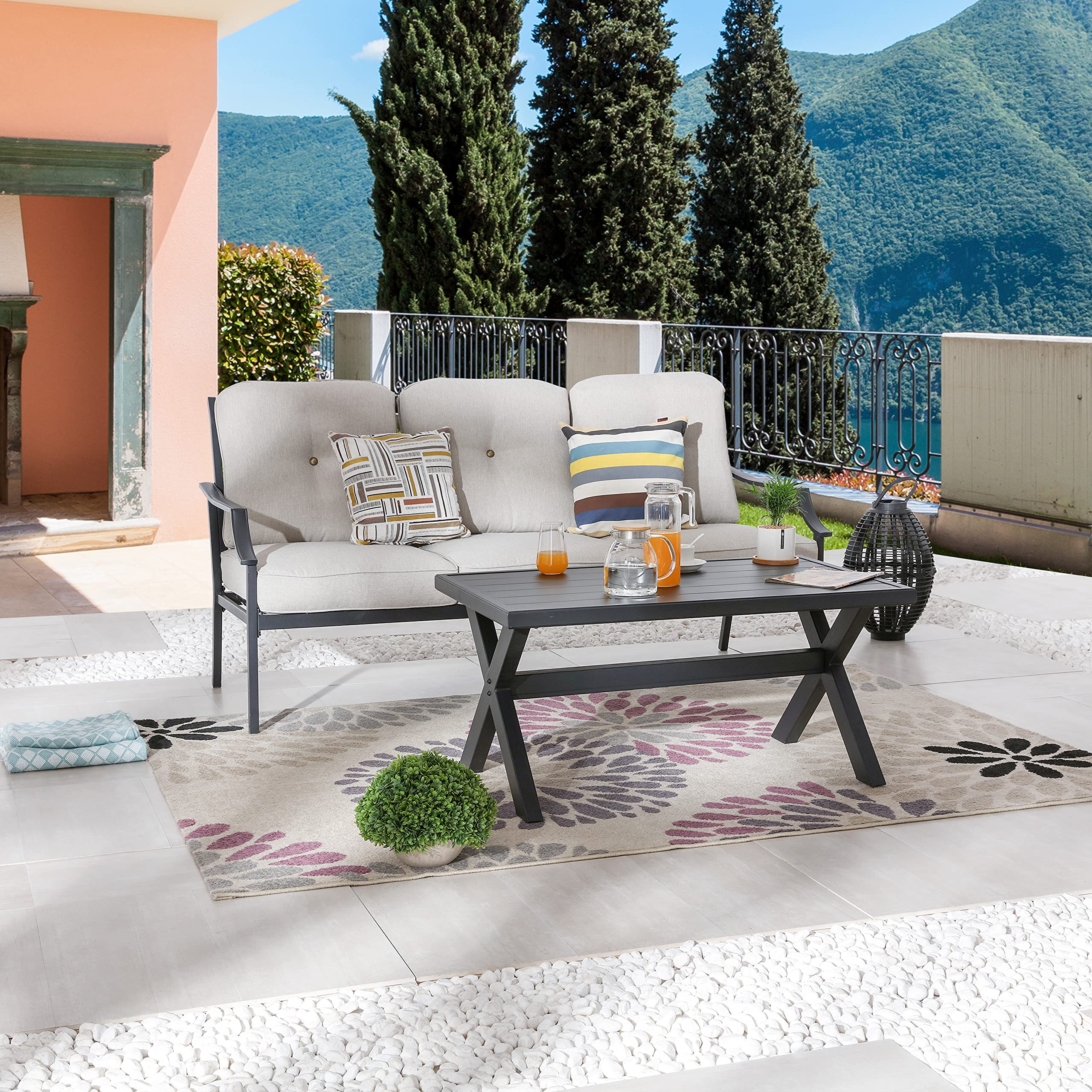 LOKATSE HOME Outdoor Patio Cushioned Loveseat 3-Seater Sofa Bench with Metal Coffee Table - Beige - Perfect for Garden, Backyard, Poolside & Patio Relaxation
