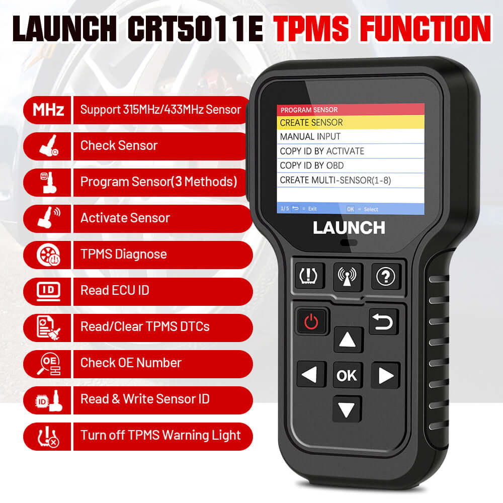 LAUNCH® CRT5011E TPMS Sensor Relearn and Program Tool - Professional Tire Pressure Monitoring System Diagnostic Scanner for Cars, Trucks & SUVs - Perfect for Auto Shops & DIY Mechanics