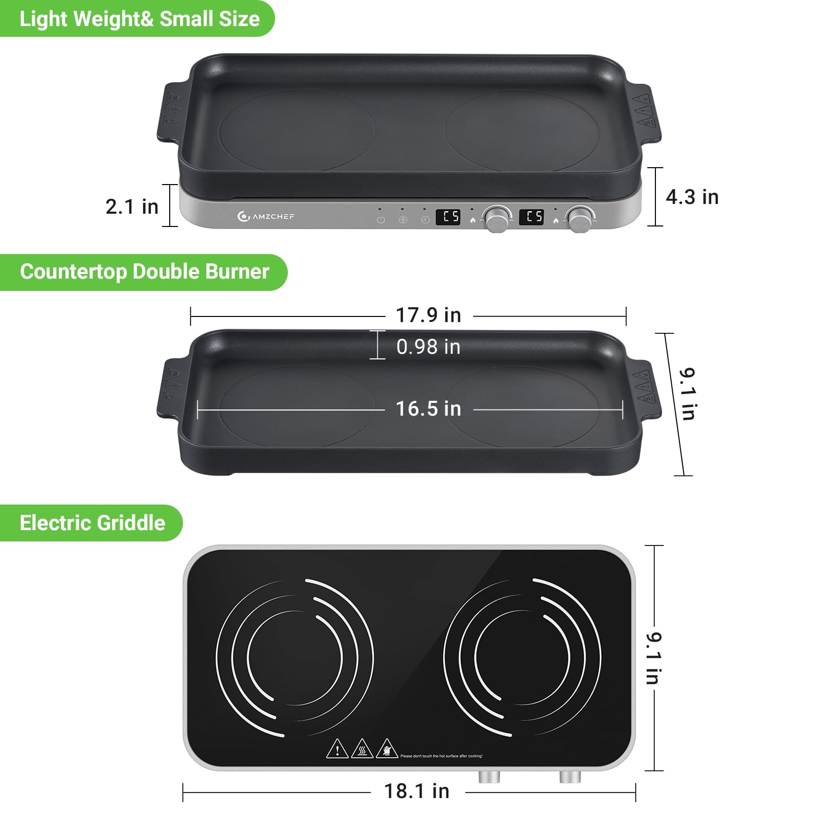 AMZCHEF 1800W Double Induction Cooktop with Removable Non-Stick Griddle Pan - 2 Burner Portable Induction Stove with Sensor Touch, 9 Power Levels & 99 Min Timer - Perfect for Kitchen, RV, Camping & Dorm Cooking (Iron Grey)