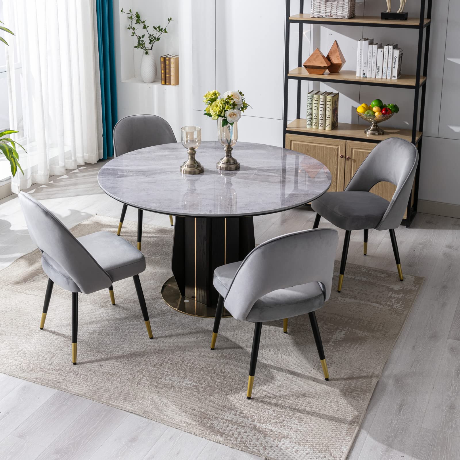 LukeAlon Classic Velvet Dining Chairs Set of 4 - Mid Century Modern Upholstered Armless Side Chairs with Open Back & Metal Legs for Kitchen, Dining Room - Soft Grey Velvet - Perfect for Home Decor, Entertaining & Small Space Dining