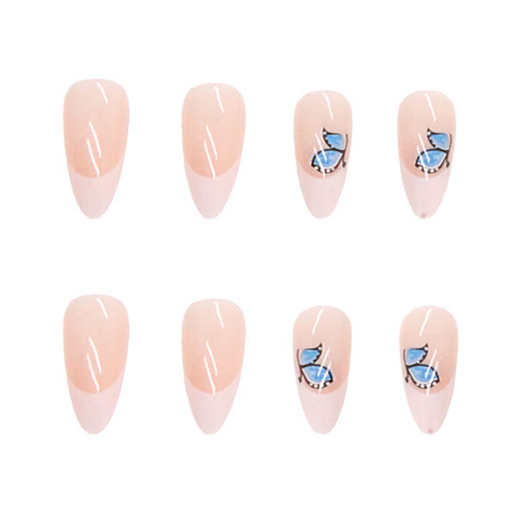 RikView French Tip Press on Nails Medium Fake Nails Almond White Stick on Nails with Butterfly Design - Perfect for Parties, Weddings, and Everyday Glam