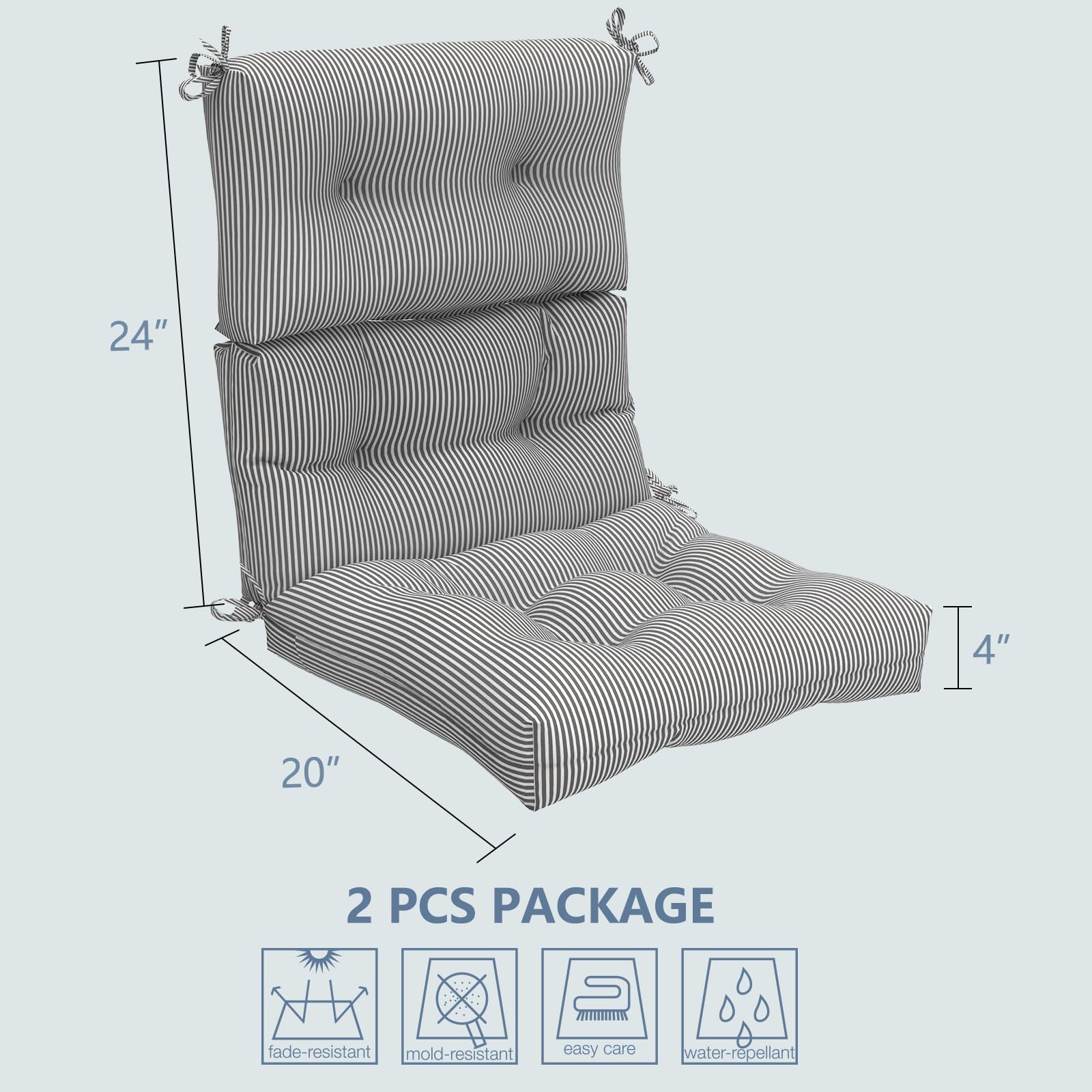 LVTXIII 44x22-inch Outdoor High Back Chair Cushions Set of 2 - Tufted Adirondack Rocking Chair Seat Cushions with Ties, Waterproof & Durable Patio Furniture Cushions in Striped Grey - Perfect for Deck, Porch, Garden and Poolside Relaxation