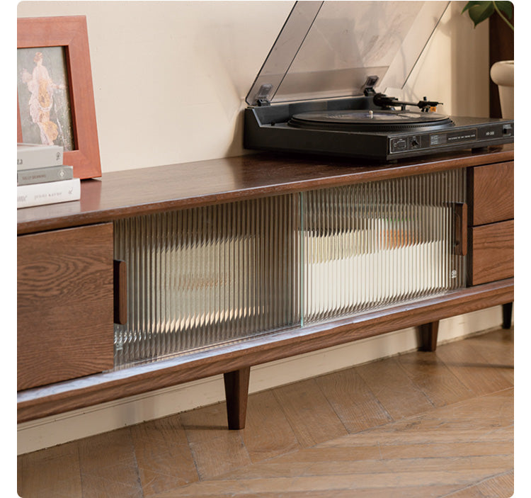 Solid Oak Wood TV Stand with Glass Sliding Doors - Modern Entertainment Center for Living Room, Bedroom & Home Theater