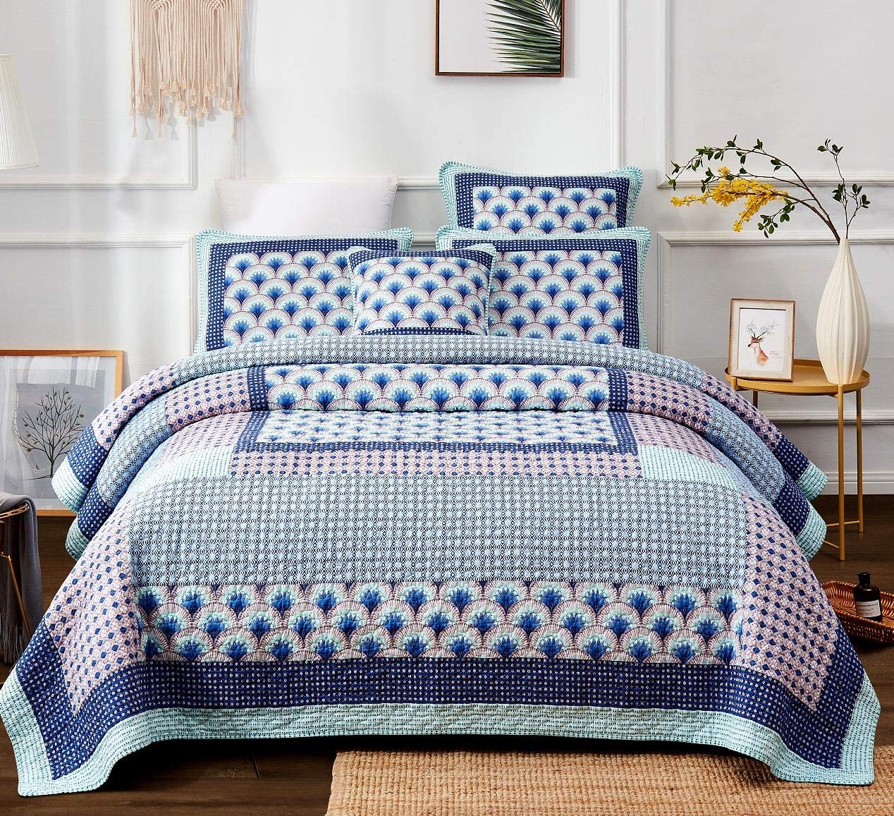 DaDa Bedding Mediterranean Minty Blue Cotton Patchwork Bedspread Set - Mid Century Nautical Ocean Waves Design - Navy Lavender Colorful Coverlet Bedding - Cal King Size 3-Piece Set - Perfect for Coastal, Beach House & Boho Chic Bedroom Decor
