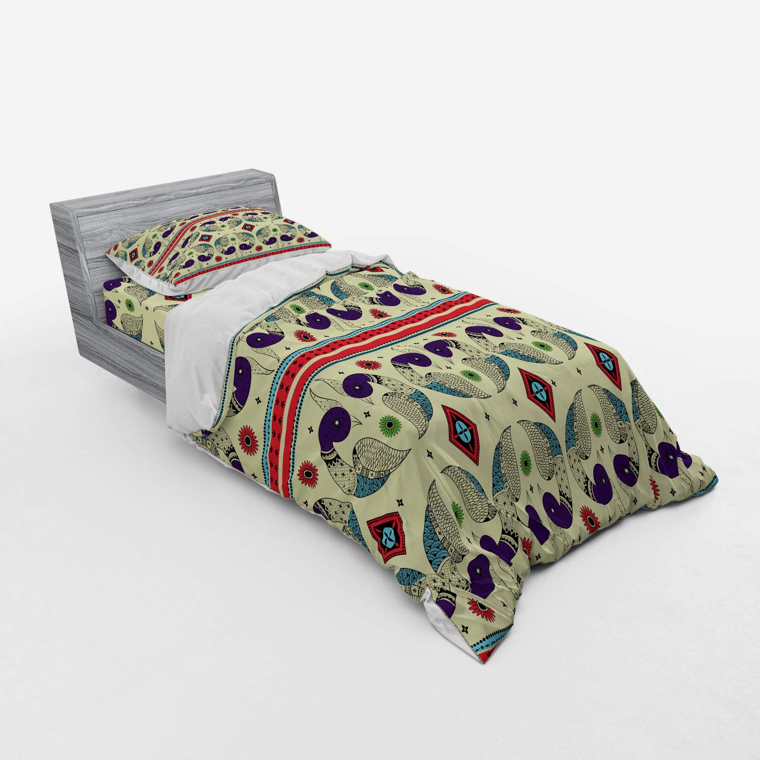 Ambesonne Tribal Bedding Set - 3 Piece Duvet Cover with Sham & Fitted Sheet, Twin Size, Cream & Purple | Peacock & Floral Abstract Native American Art | Perfect for Boho Bedroom Decor, Guest Rooms & Dorm Essentials