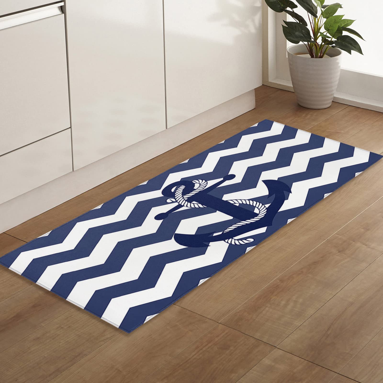 Non-Slip Indoor Doormat - Soft Shag Bath Rug & Kitchen Floor Mat with Nautical Blue Anchor Design, Low-Profile Entryway Welcome Mat for Home Decor (White Stripe Chevron Pattern) - Perfect for Bathrooms, Kitchens, and Front Door Entrances