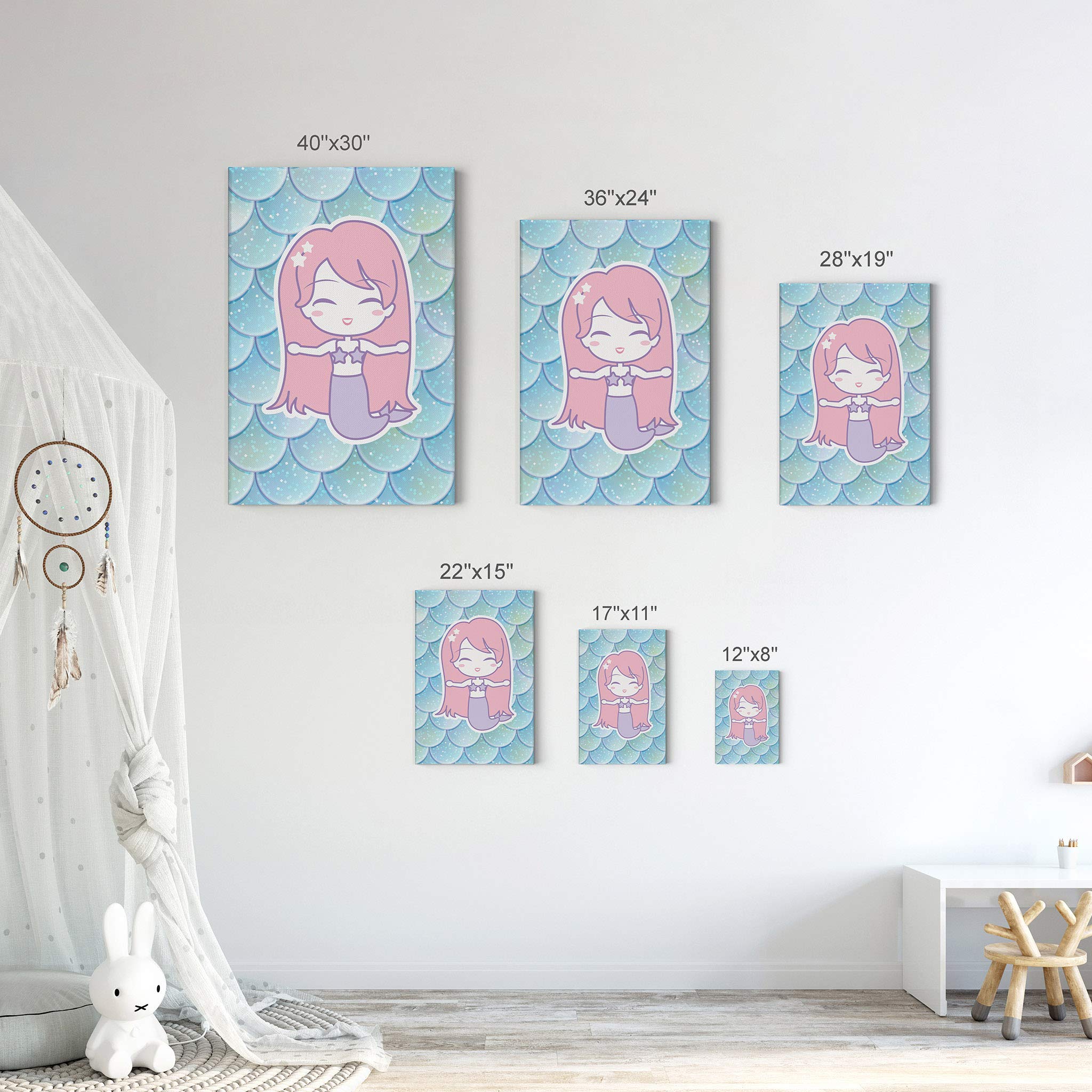 Smile Art Design Long Pink Haired Mermaid Canvas Print - 40x30 Inch Wall Art for Kids Room, Nursery & Baby Room Decor - Ready to Hang, Made in USA | Perfect for Fantasy Themed Bedrooms & Playrooms
