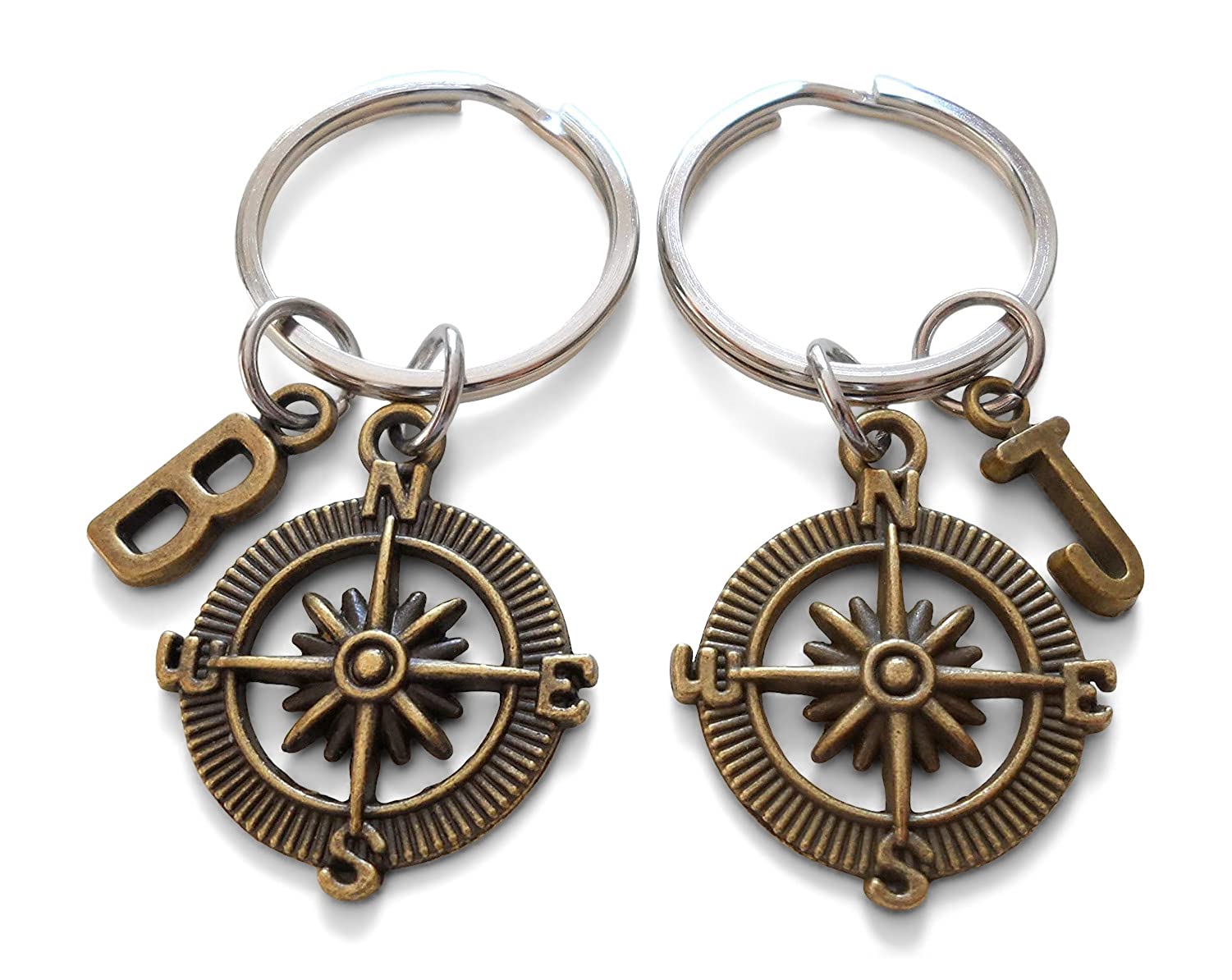 Custom Bronze Compass Keychains with Initial Charms - Perfect Couple & Best Friend Anniversary Gifts for Travel, Adventure & Romantic Moments