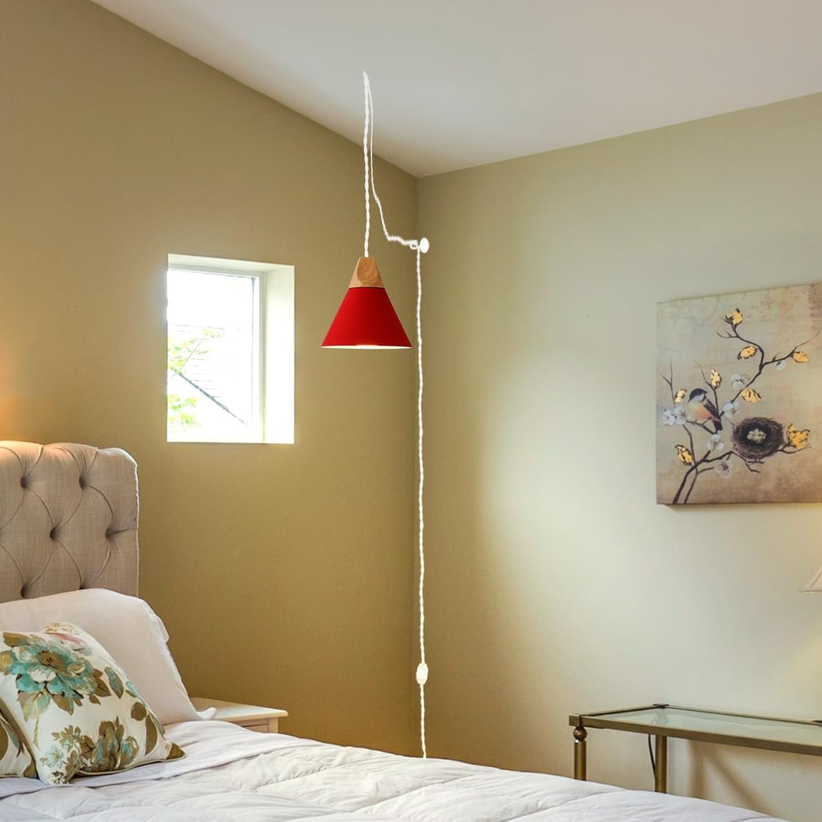 Nordic Pendant Light with 15Ft Dimmer Cord - 22cm Macaron Aluminum Shade Plug in Hanging Light for Living Room, Bedroom, Dining Room - Red (Perfect for Modern Home Decor & Cozy Ambiance)