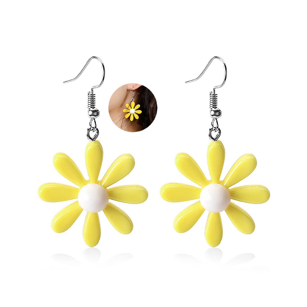 Yellow Acrylic Daisy Flower Earrings for Women - Dangle Wild Lily Petals Hawaiian Style Jewelry | Perfect for Summer, Beach Vacations & Boho Fashion