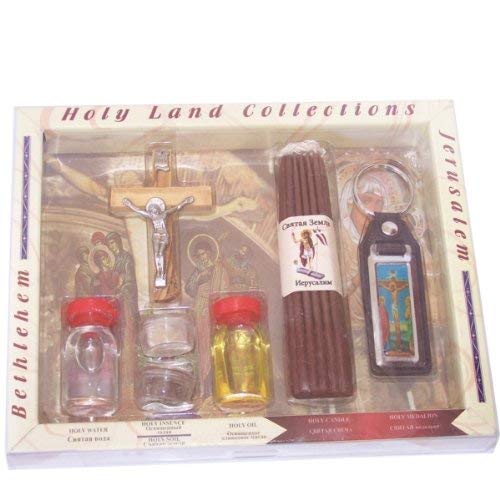 Holy Land Market Large Religious Gift Set with Certificate - Olive Wood Crucifix, 33 Candles & Key Ring (8.5 inches) - Perfect for Christian Home Decor, Baptism Gifts & Church Ceremonies