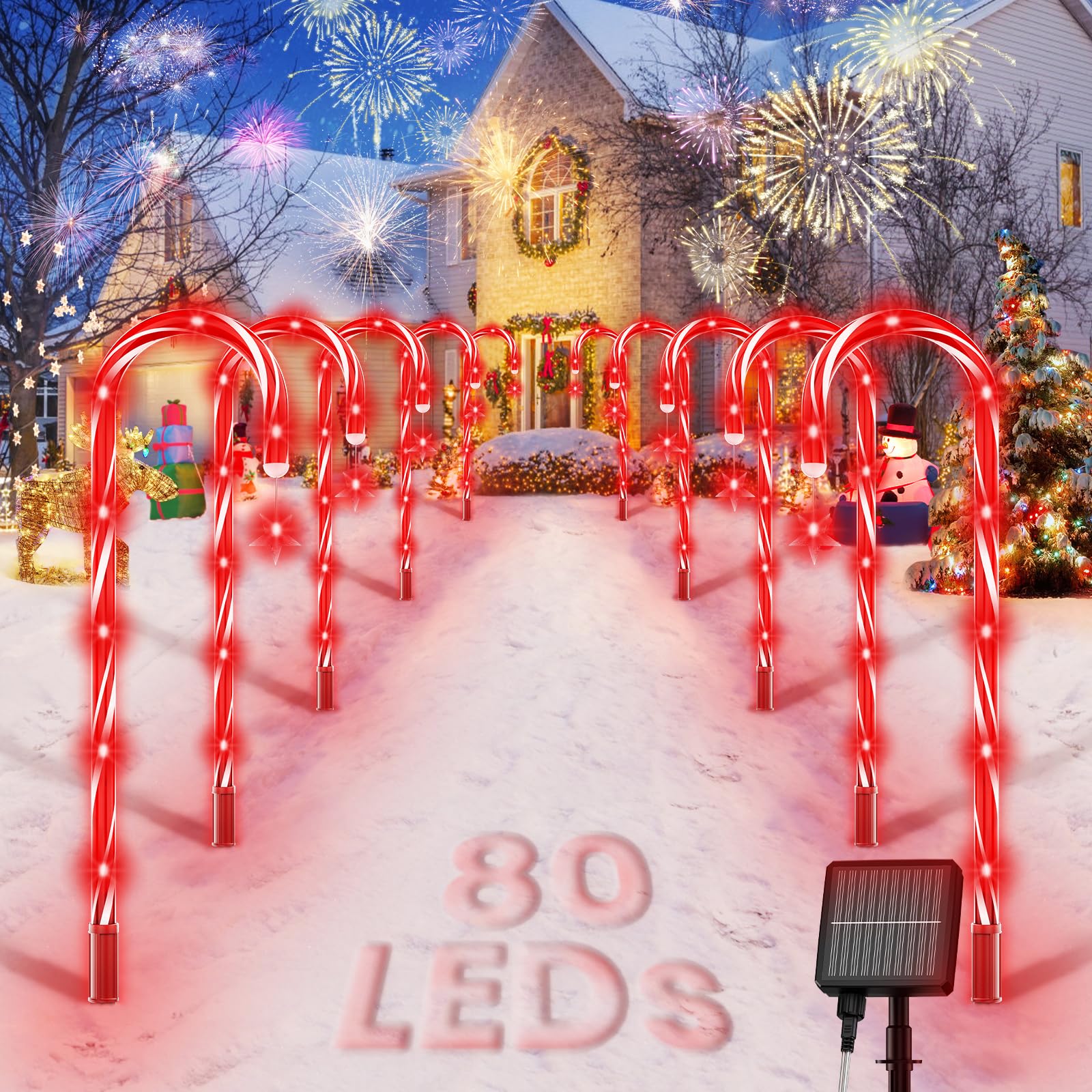 AOSEA 10 Pack Solar Candy Cane Lights - 80 Red LED Christmas Pathway Decorations with 8 Lighting Modes, Waterproof Outdoor Yard Lights for Walkway, Lawn, Garden, Holiday Decor (Perfect for Christmas, Halloween, and Year-Round Landscape Lighting)