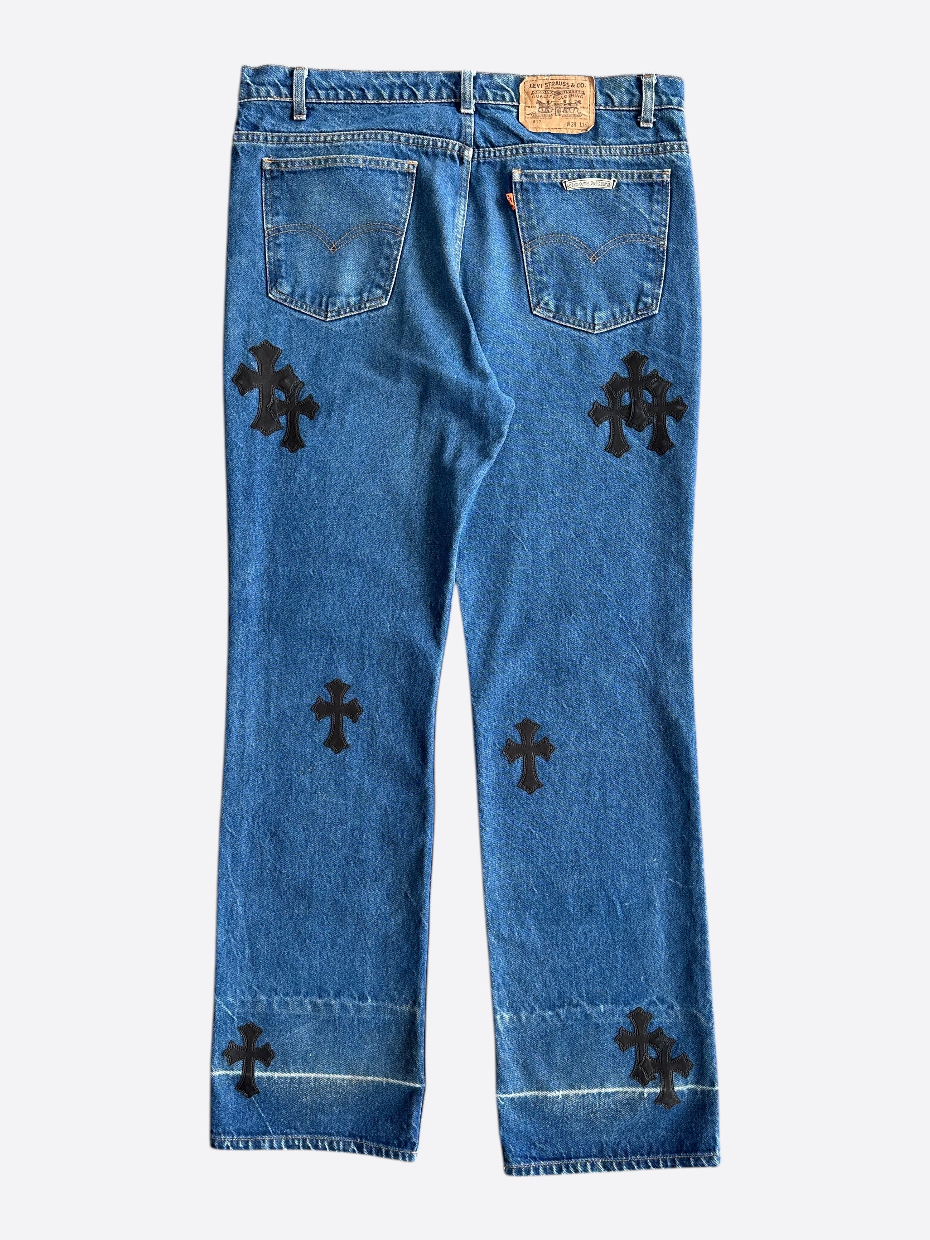 Chrome Hearts x Levi's Blue & Black Cross Patch Denim Jeans for Men - Stylish Vintage Streetwear for Casual Outfits and Night Out