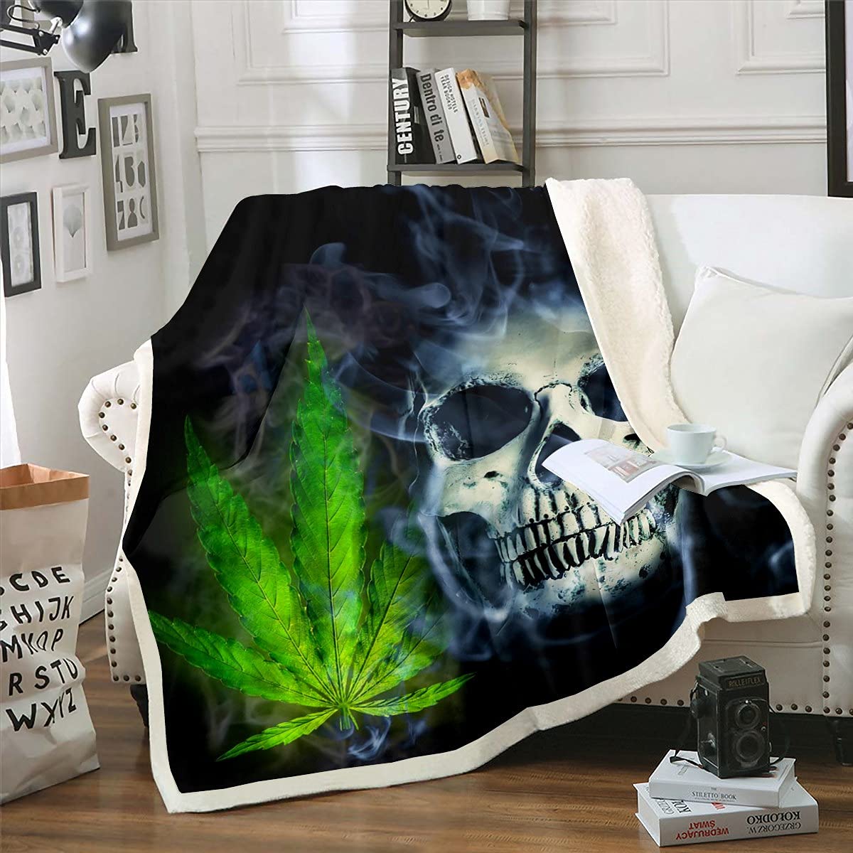 Cannabis Leaves Flannel Blanket - Sugar Skull Sherpa Throw Blanket with Gothic Skeleton Design - Soft Plush Weed-Themed Blanket for Adults, Teens & Kids - Black & Green Queen Size 90x90 Inches - Perfect for Dorm Rooms, Couches & Festival Camping