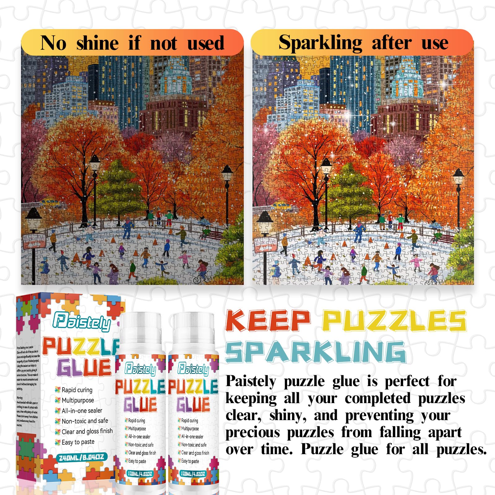 Premium Puzzle Glue Kit with Sponge Head Applicator - Permanent Adhesive for Jigsaw Puzzles, Diamond Painting & DIY Crafts - Non-Toxic, Clear Drying & High Shine Finish - Perfect for Framing, Preserving Artwork & Craft Projects