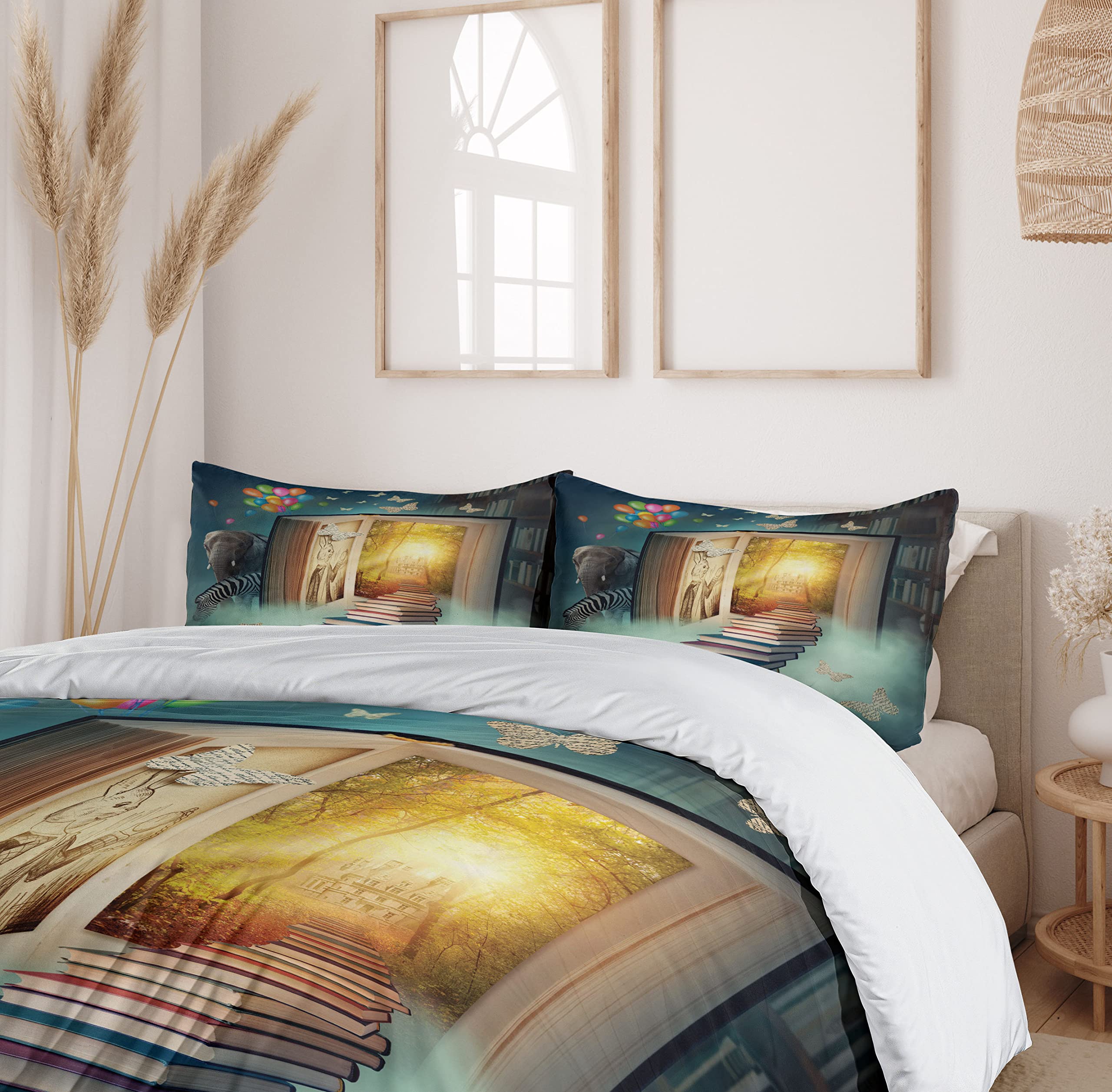 Ambesonne Fantasy Duvet Cover Set - Magic Book Forest with Balloon, Zebra, Elephant & Butterflies | 3-Piece California King Bedding Set in Teal & Yellow | Perfect for Kids' Rooms, Nursery Decor & Whimsical Bedroom Themes
