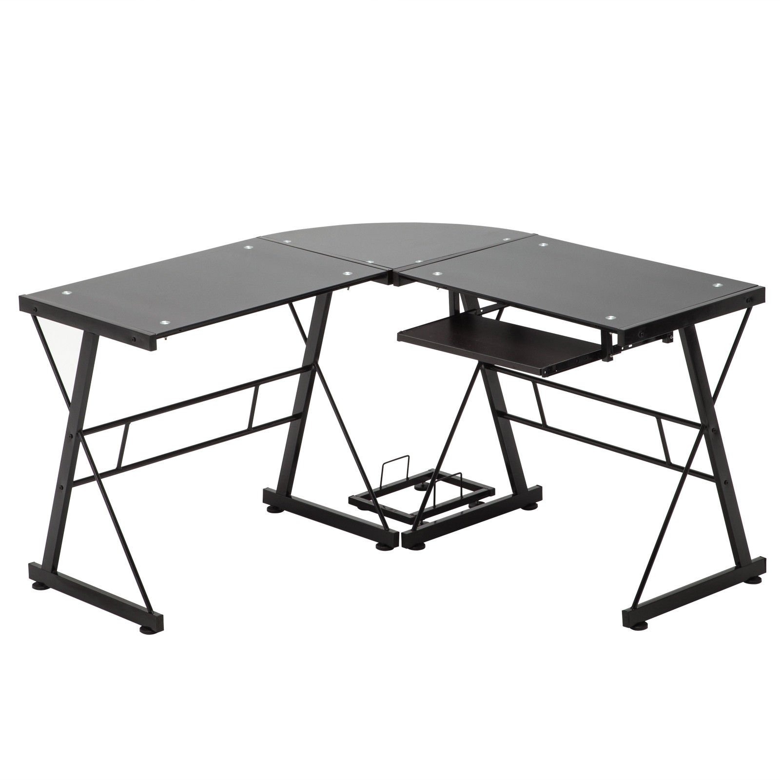 L-Shaped Corner Computer Desk with Keyboard Tray & CPU Stand - Black Glass Home Office Workstation for PC, Laptop, Gaming & Study | Perfect for Small Spaces & Modern Workspaces