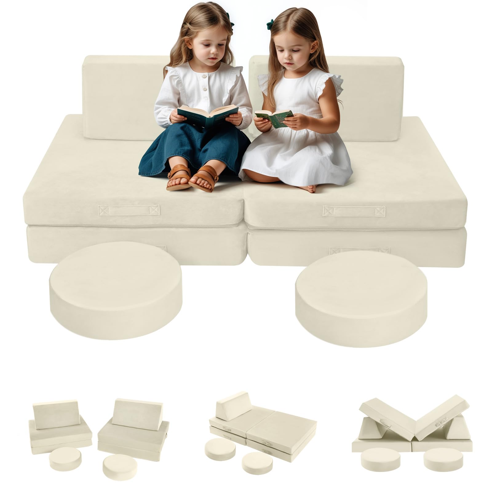 MeMoreCool Modular Kids Play Couch - Beige Foam Sofa & Fort Building Set for Toddlers | Indoor Playroom Furniture for Creative Play & Learning