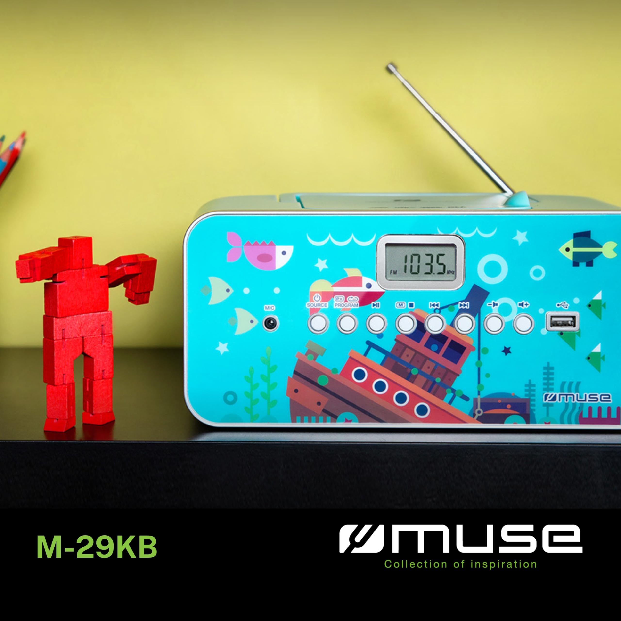 Muse M-29 Portable CD/MP3 Player with FM Radio - Multi-Colored Retro Boombox for Home, Office & Outdoor Use