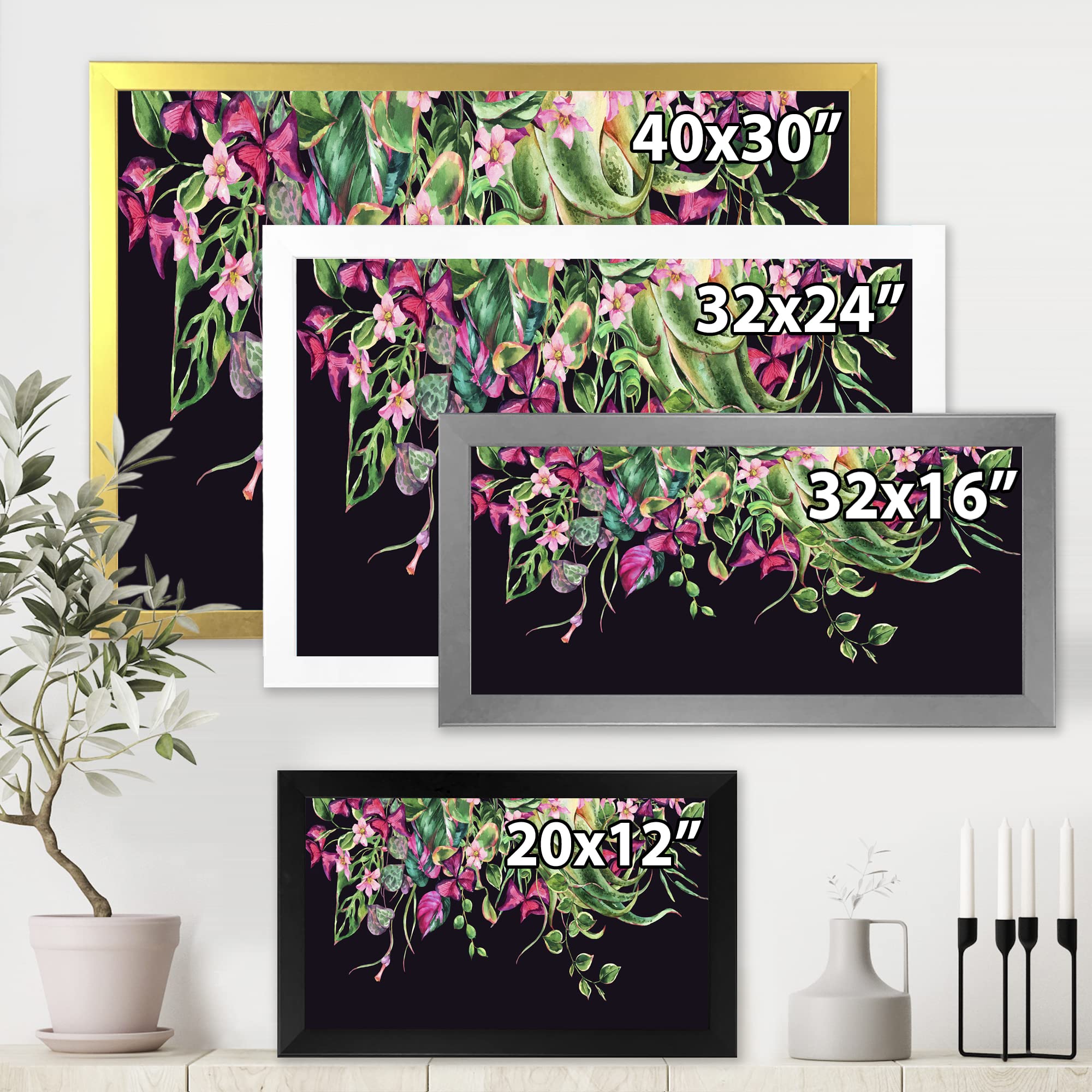 DesignQ Floral Tropical Leaves Om Black Farmhouse Framed Wall Art - Modern Botanical Decor for Living Room, Bedroom & Office