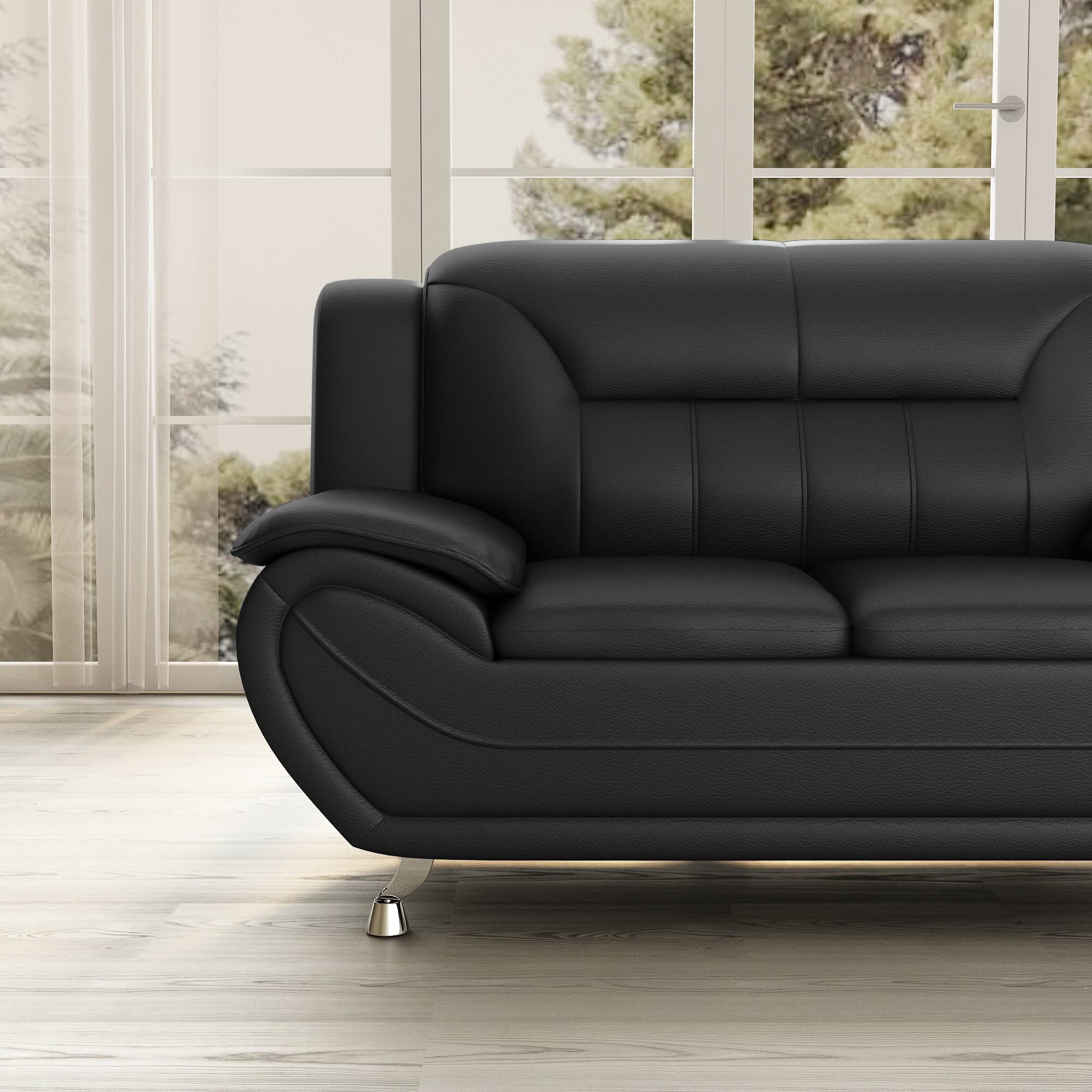 Michael Modern Faux Leather Loveseat with Stainless Steel Legs - Midnight Black | Comfortable Small Sofa for Living Room, Apartment & Office Waiting Area