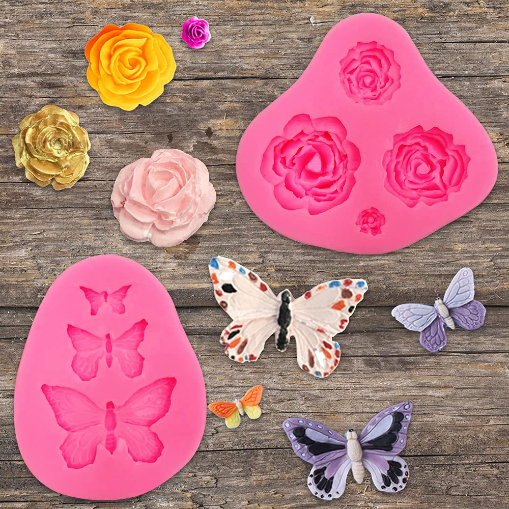 4 Pack Fondant Molds - Butterfly & Rose Silicone Molds Set for Chocolate, Cake Decorating, Polymer Clay, Soap Making - DIY Baking & Crafting Supplies for Weddings, Parties & Home Decor Projects