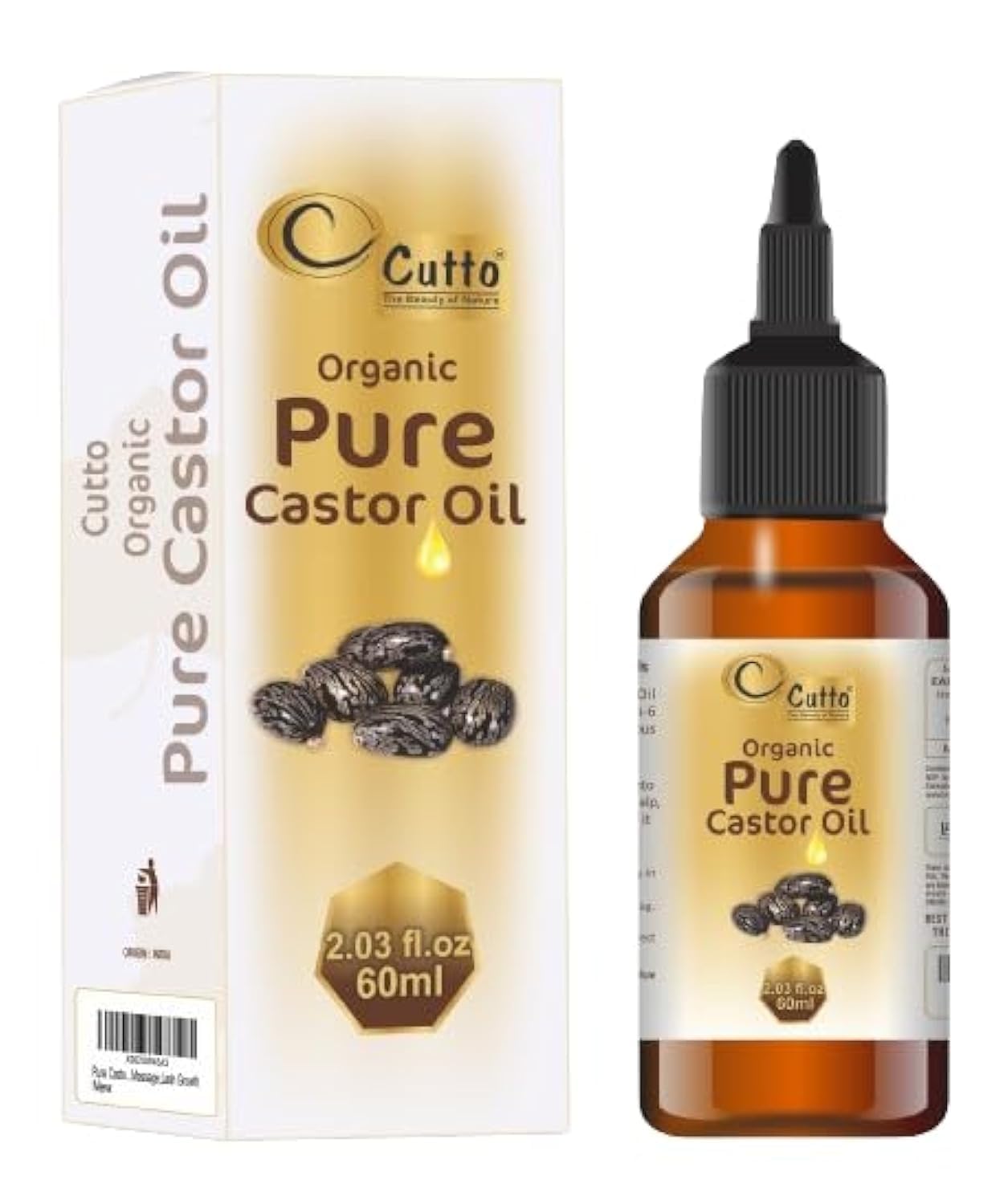 Organic Pure Cold-Pressed Castor Oil (60ml) - Hexane-Free, Non-GMO, Unrefined for Hair Growth, Eyelash & Eyebrow Enhancement, Dry Skin Moisturizer & Massage Oil | Natural Remedy for Scalp Care, Skin Healing & DIY Beauty Treatments