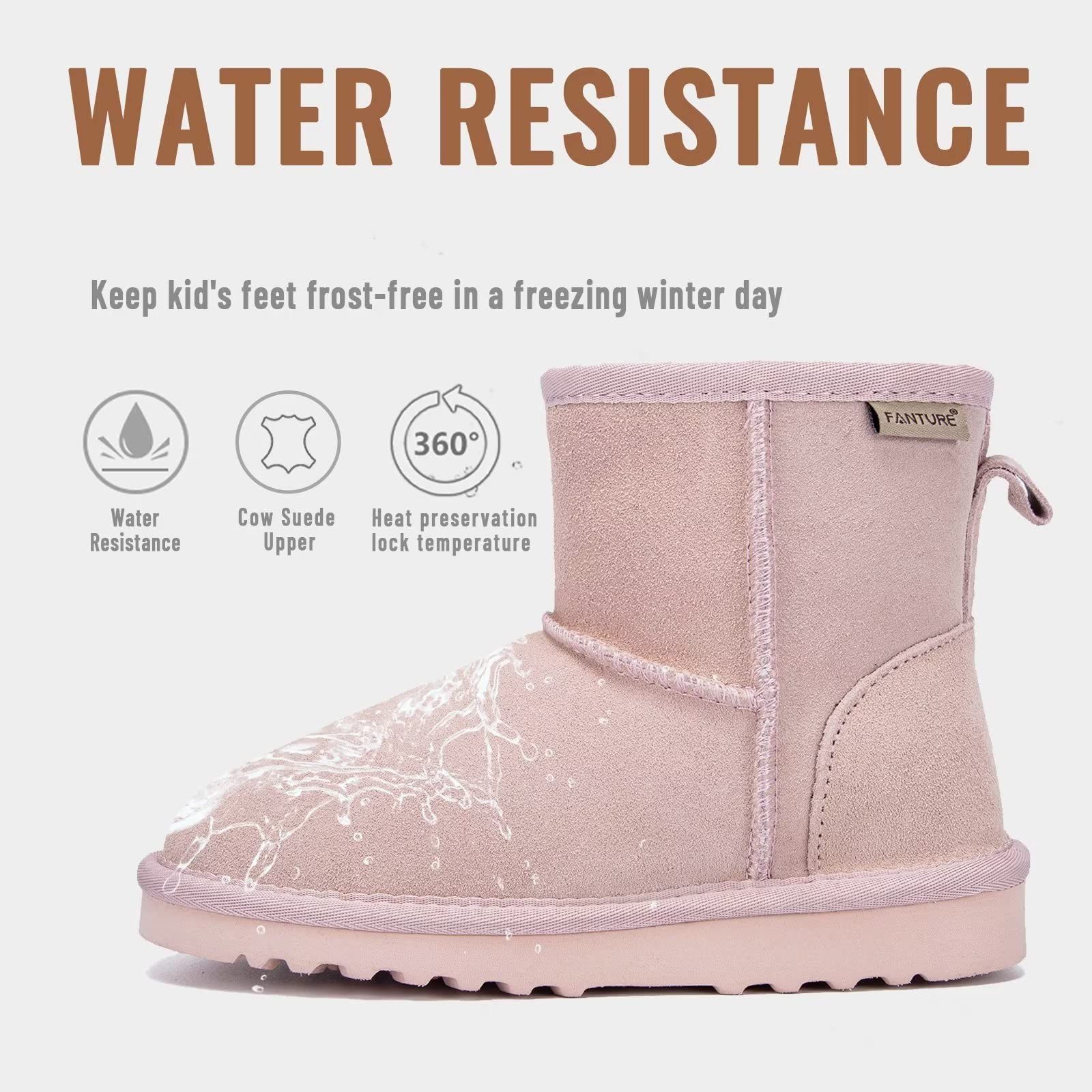 FANTURE Kids Snow Boots for Boys & Girls - Warm Winter Boots with Cow Suede & Faux Fur Lining - Durable Waterproof Shoes for Toddler & Youth (Little Kid/Big Kid) - Perfect for Snow Play, Winter Hiking & Cold Weather Activities