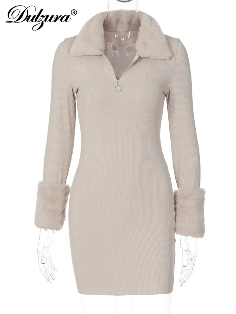 Women's Lambswool Patchwork Long Sleeve V-Neck Ribbed Mini Dress - Winter Bodycon Party Outfit for Date Night & Holiday Gatherings