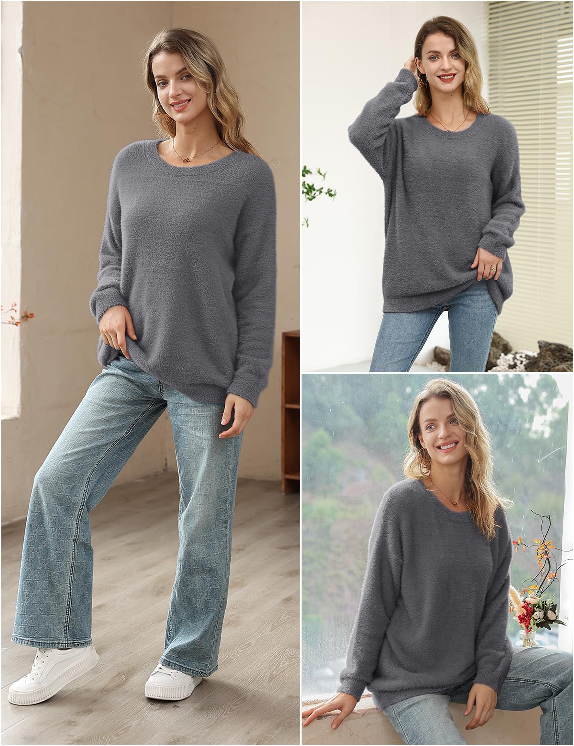 YESNO Women's Oversized Graphic Pullover Sweater - Casual Loose Long Sleeve Knit Top - 2XL Size - Solid Gray - Perfect for Fall/Winter Layering & Cozy Home Wear