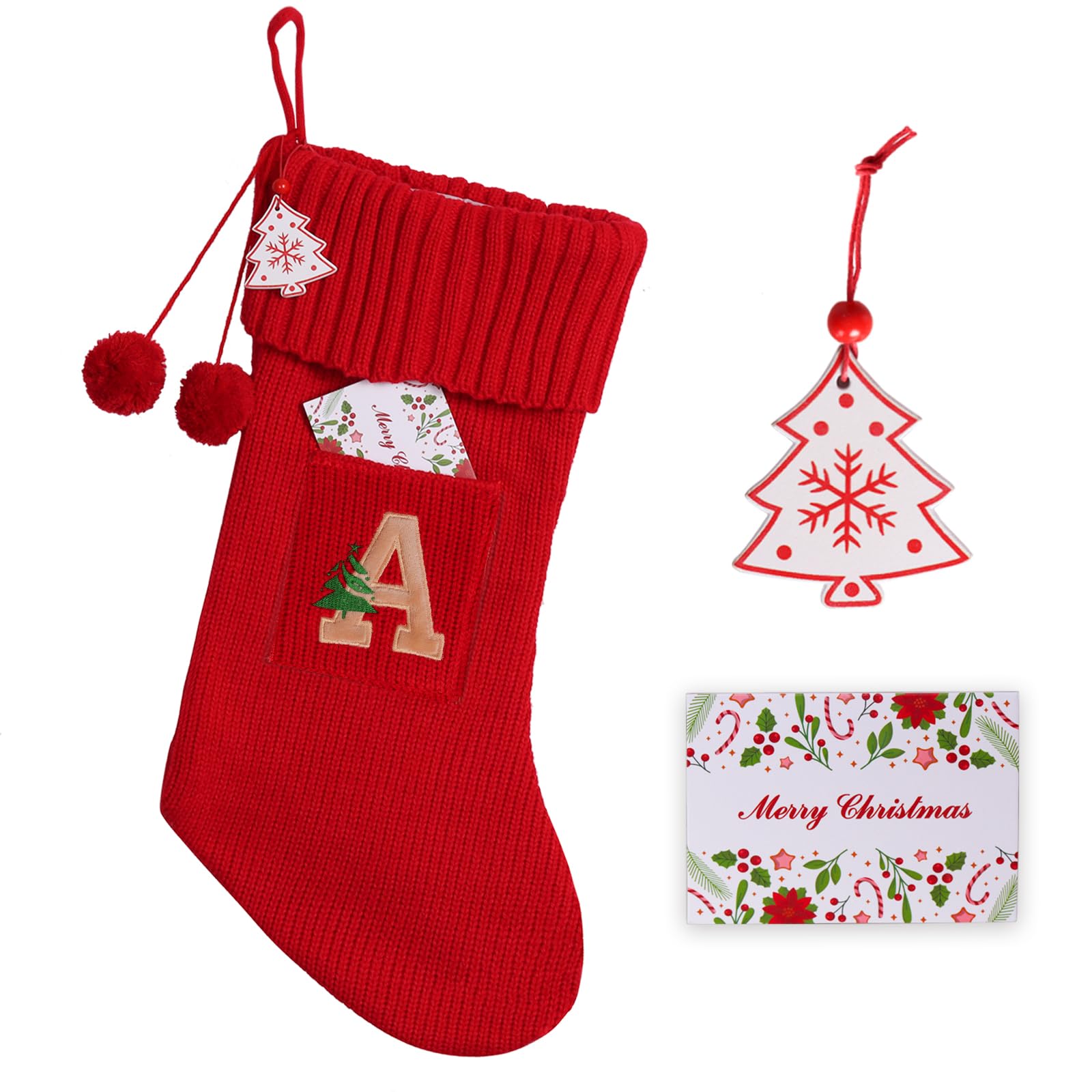 18 Inch Large Knit Personalized Christmas Stockings with Monogram Initial - Family Xmas Home Decor in White, Red & Green - Perfect for Fireplace, Tree & Holiday Decorations