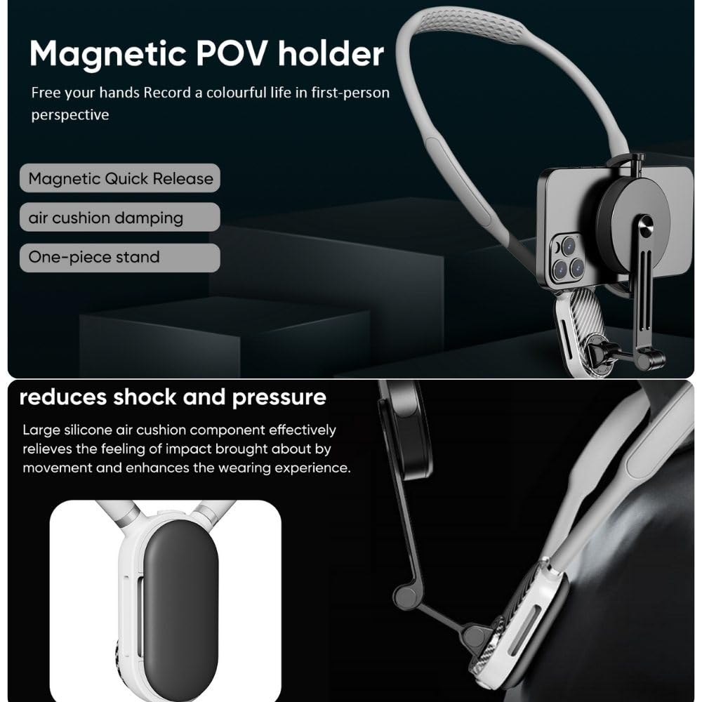 LEESENEVO Magnetic Neck Phone Holder - Adjustable Multi-Directional Rotation Phone Mount for POV/Vlogging, Compatible with iPhone & Android Smartphones (Grey) | Hands-Free Video Recording, Live Streaming & Content Creation Accessory