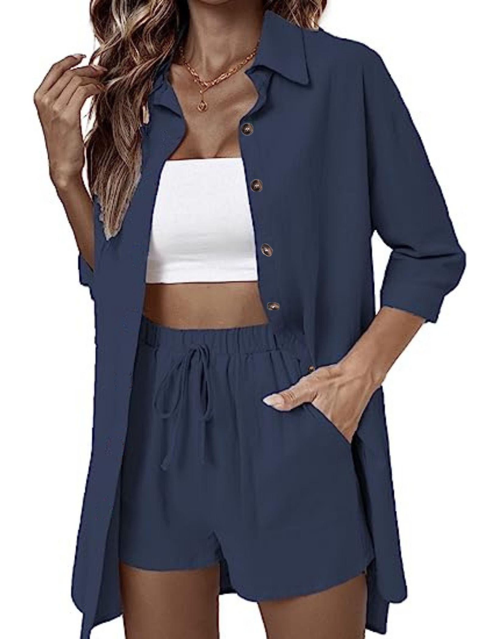 ELESOL Women's Cotton Linen 2-Piece Tracksuit Set - 3/4 Sleeve Button Down Shirt & Shorts - Summer Beach Outfit for Vacation, Travel, and Casual Wear