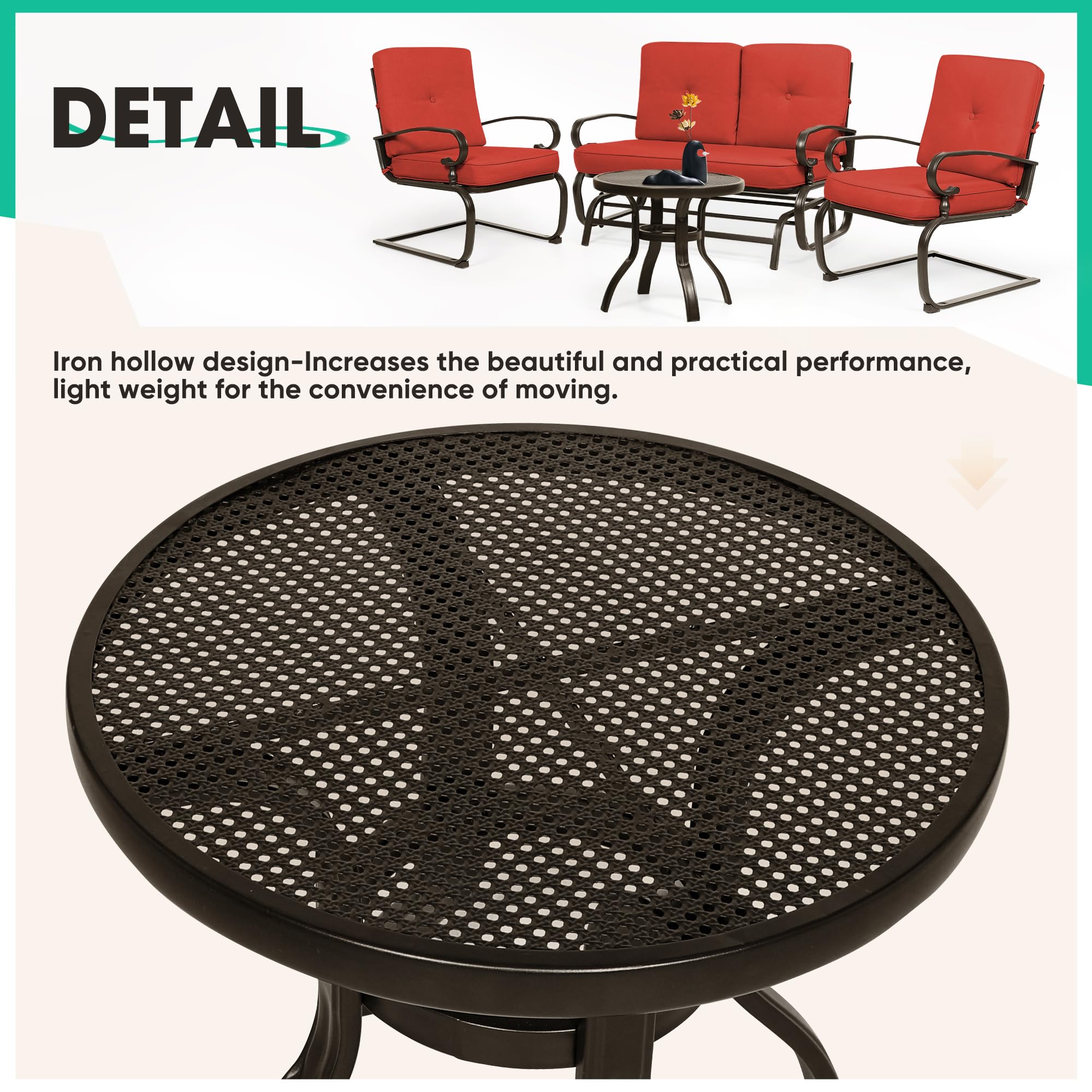 4Pcs Outdoor Metal Patio Furniture Set - Wrought Iron Glider, Bistro Table & 2 Spring Lounge Chairs (Red) - Perfect for Garden, Backyard, Porch & Poolside Relaxation
