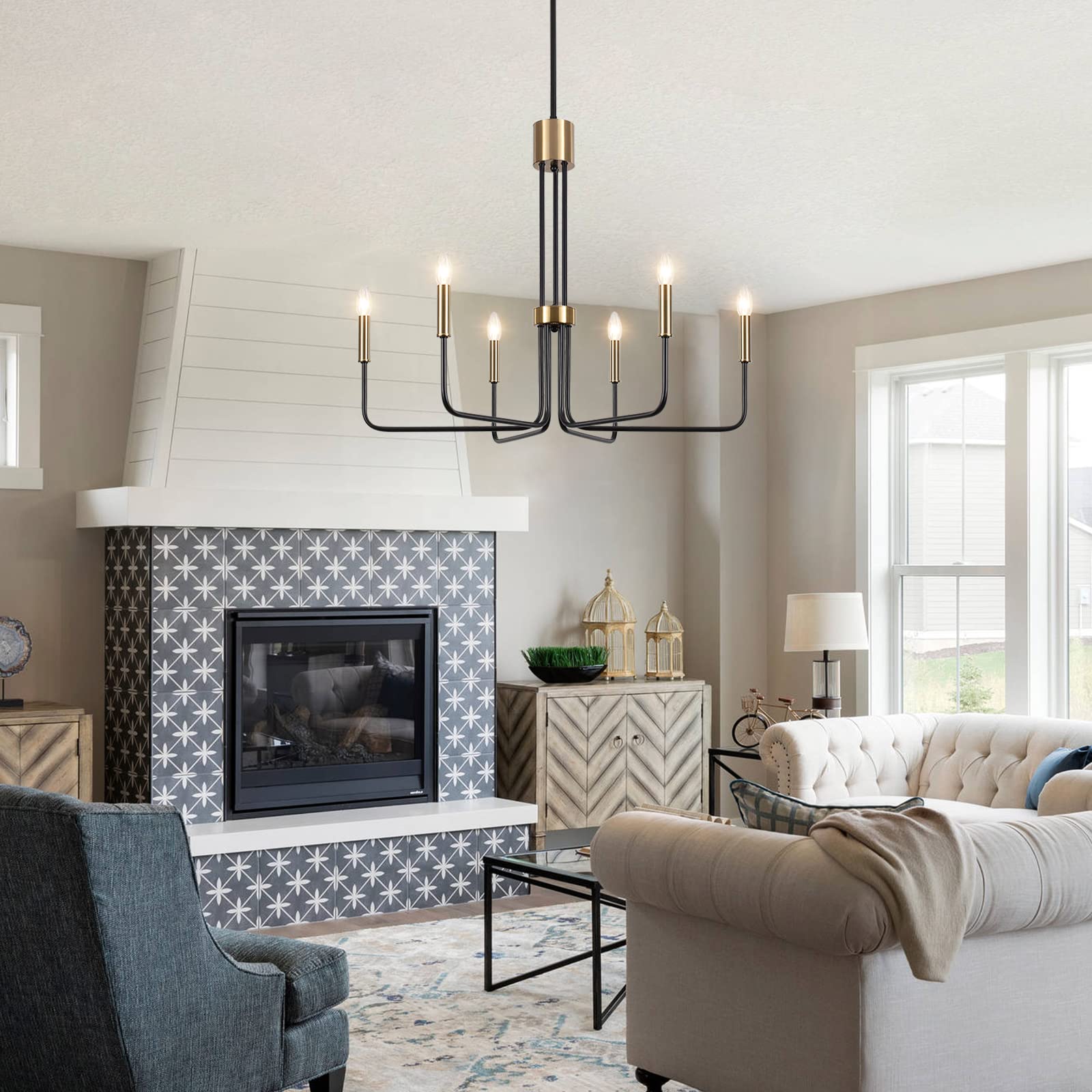 6-Light Modern Farmhouse Chandelier - Black & Gold Dining Room Ceiling Light Fixture - Elegant Kitchen, Living Room, Bedroom & Entryway Lighting - Perfect for Farmhouse, Rustic & Contemporary Home Decor