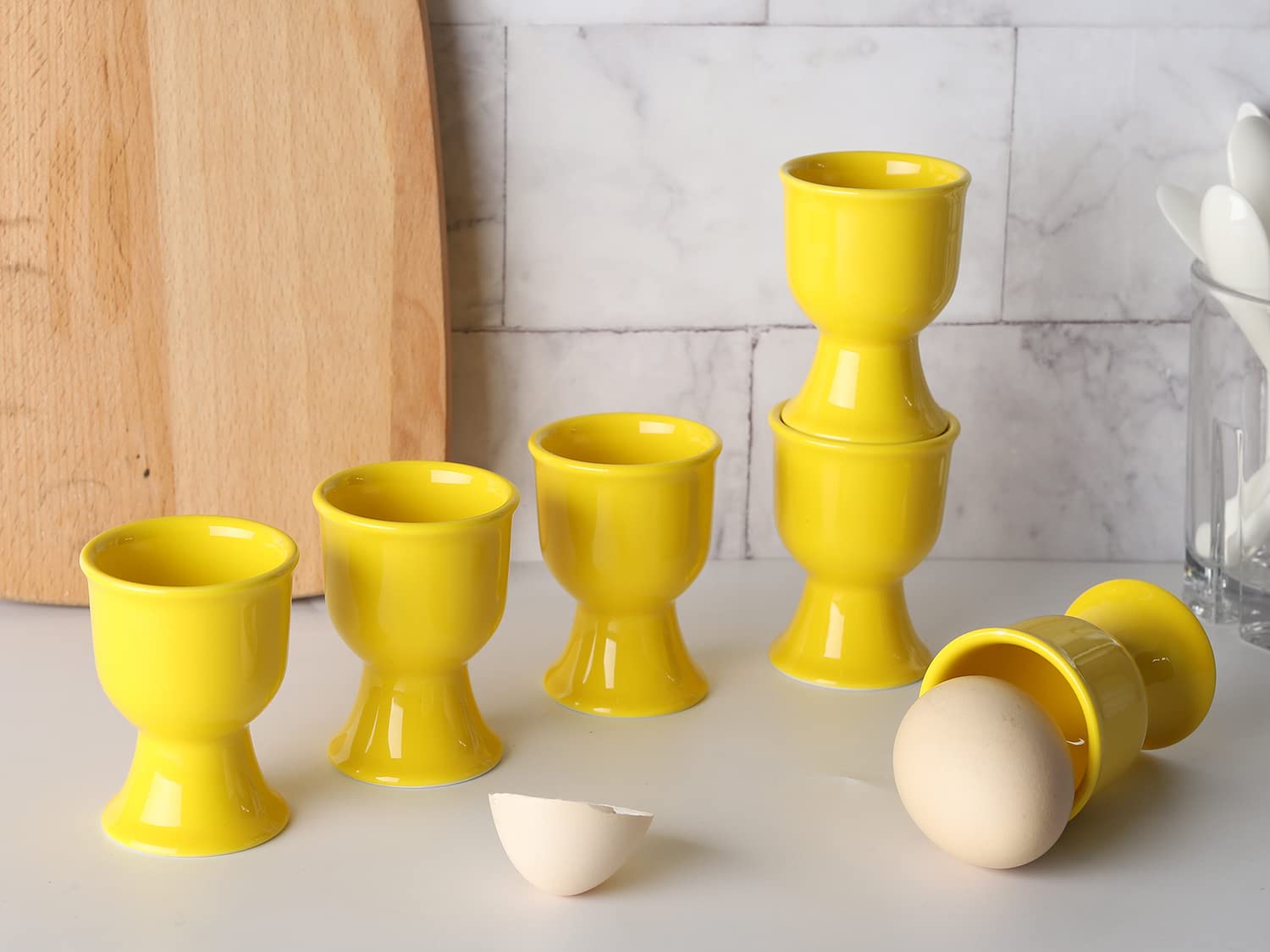 6-Piece Ceramic Egg Cup Set - Porcelain Egg Stand Holders for Soft & Hard Boiled Eggs - Perfect for Breakfast, Brunch & Kitchen Decor (Yellow)