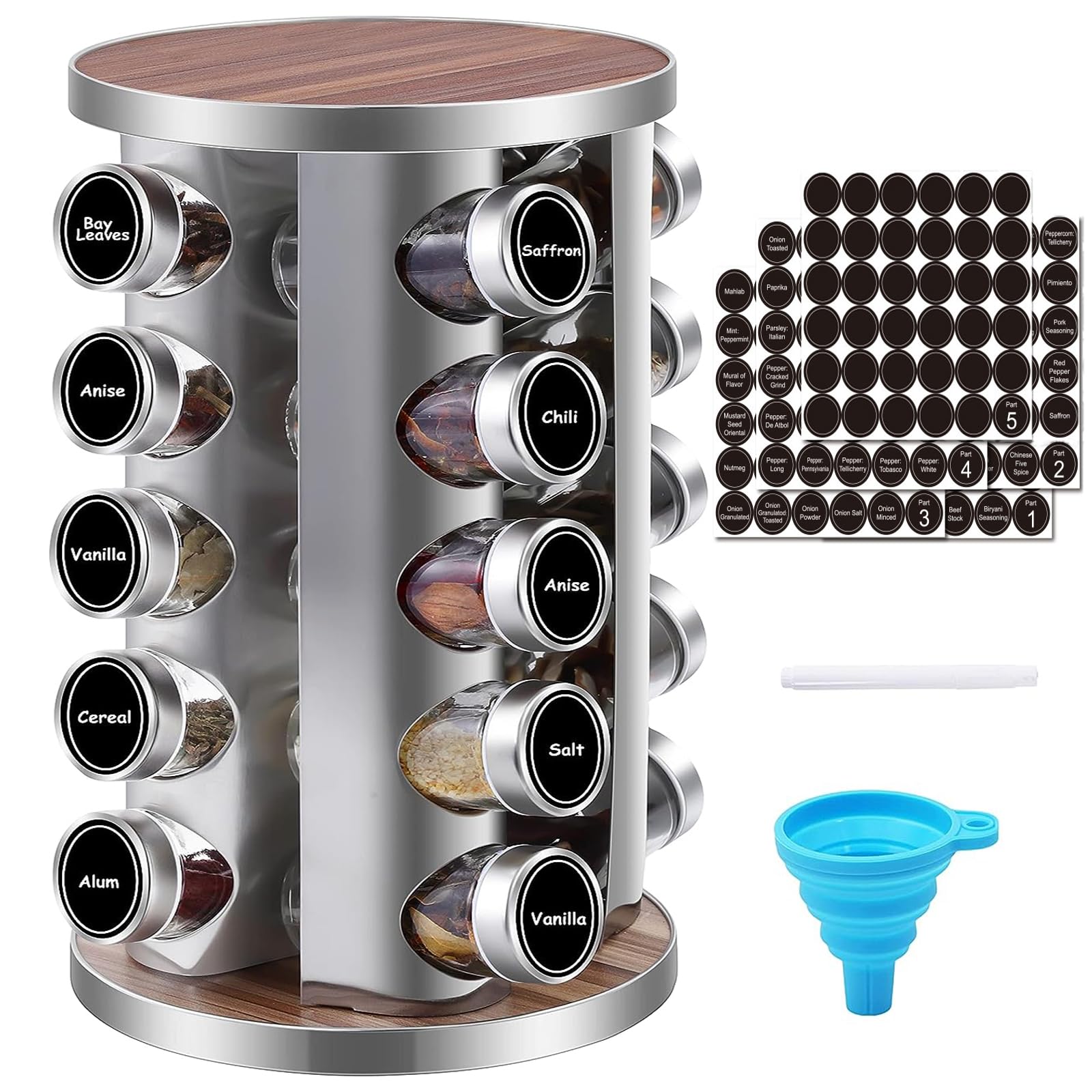 WAYDA Rotating Spice Rack Organizer - 20 Jar Revolving Seasoning Storage for Kitchen Cabinet | Stainless Steel Spice Tower with Reusable Labels & Funnel | Perfect for Countertop Organization & Easy Spice Access