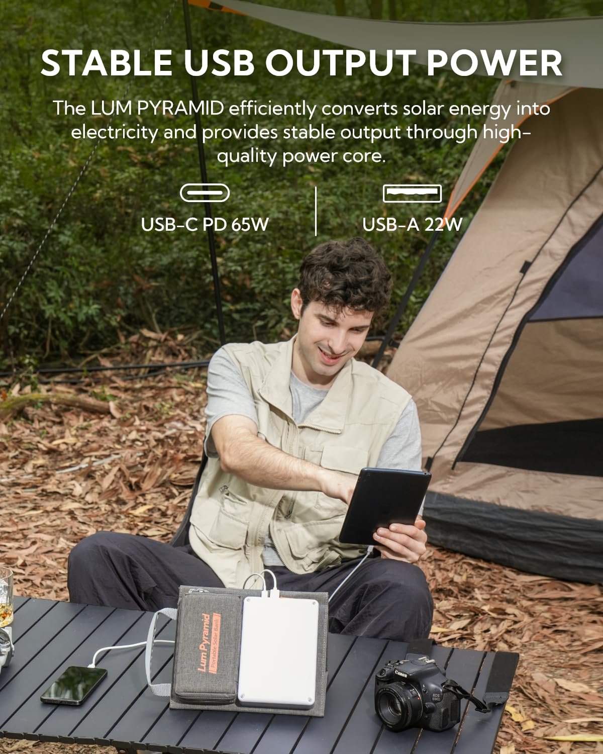 LUM Pyramid Portable Solar Charger 99.9Wh Power Bank with 24W Foldable Solar Panel, Adjustable LED Camping Light, 65W PD USB-C & 22W QC3.0 USB-A - Perfect for Outdoor Adventures, Camping, Hiking, and Emergency Power Backup