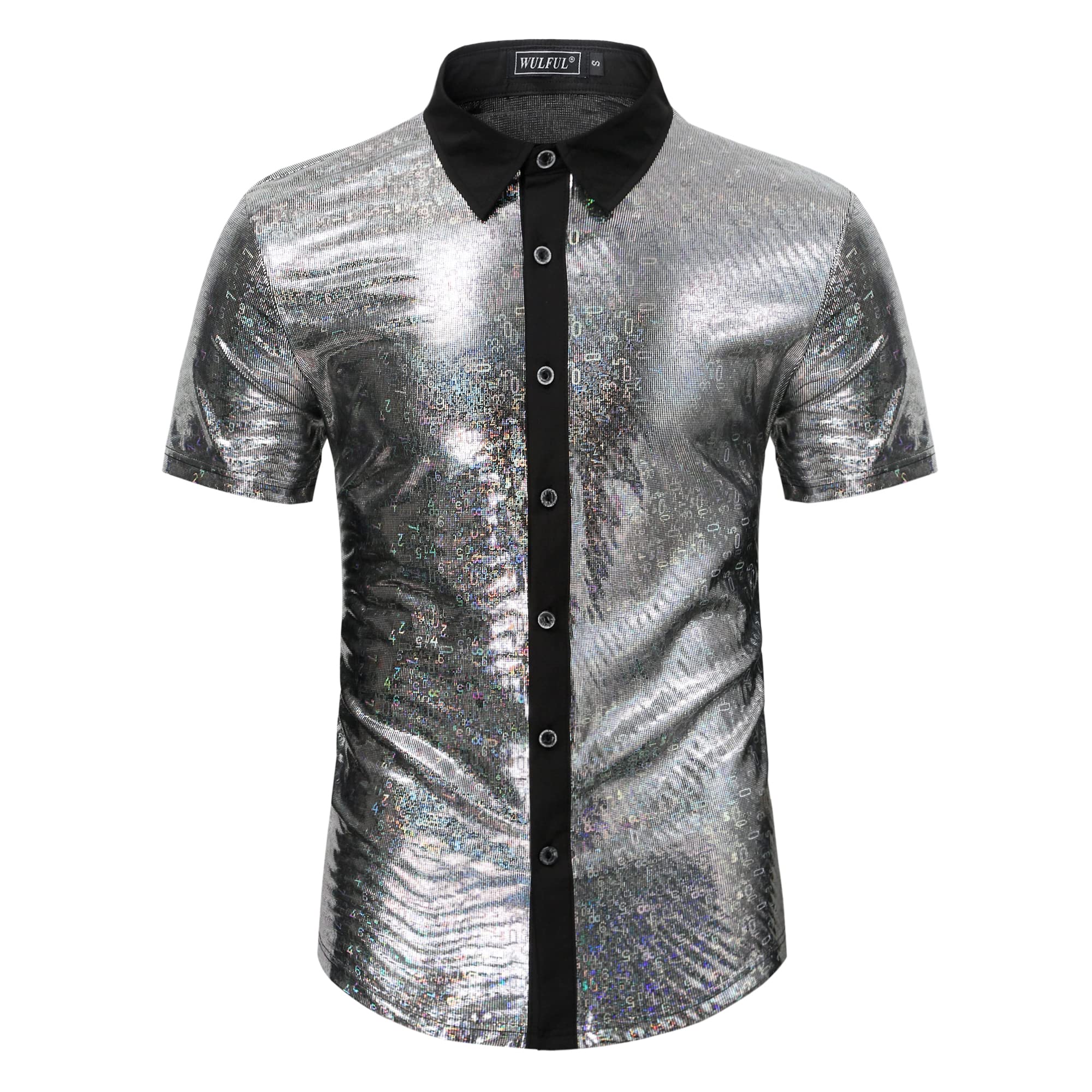 WULFUL Men's Disco Shirt with Sequins - 70s Style Short Sleeve Button Down Party Shirt for Costume, Club Wear & Retro Themed Events