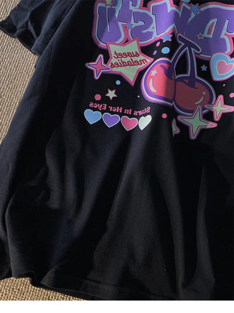 Cartoon Fruit Print Women's T-Shirt - Cute Oversized Y2K Harajuku Style Short Sleeve Tee for Women & Girls | Perfect for Casual Wear, Street Fashion & Retro Outfits