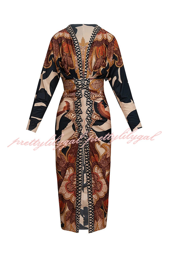 Verra Unique Print Dolman Long Sleeve Ruched Slit Midi Dress for Women | Flowy Boho Chic Dress for Casual Outings, Date Nights & Special Occasions