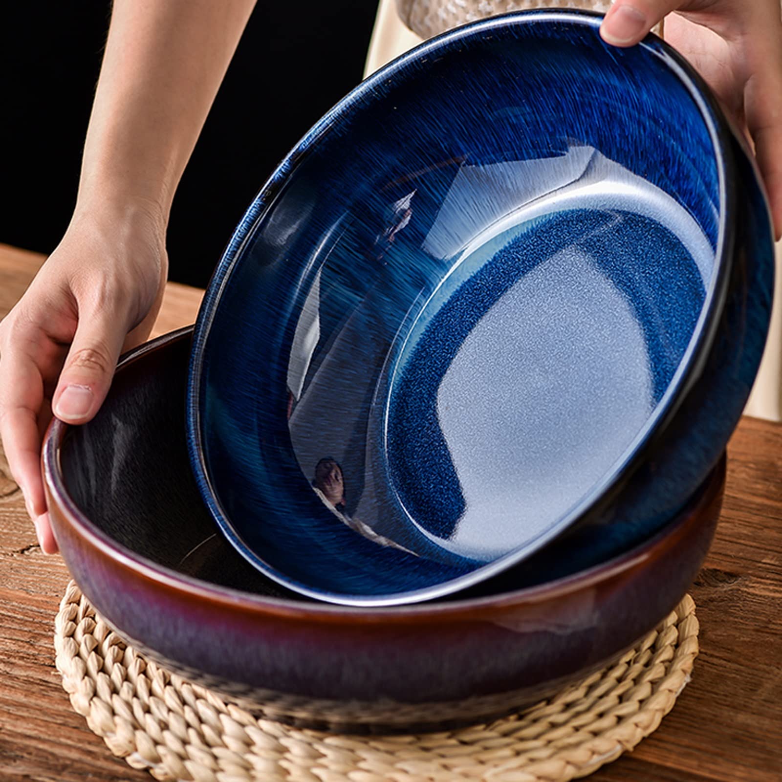 Salad Bowls Ceramic Soup Bowls - Porcelain Salad & Ramen Bowls, Large Cereal Bowls for Kitchen - Perfect for Soups, Salads, Ramen, and Breakfast Cereals (Color: A)