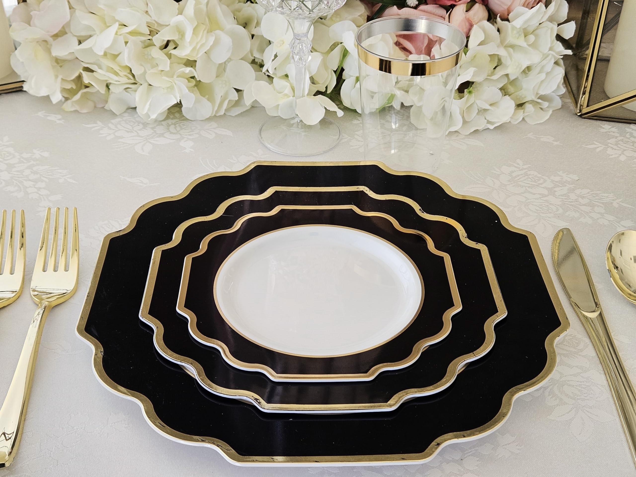 240-Pack Heavyweight Disposable Plastic Plates Set for Weddings & Parties - 120 x 10.5'' Dinner Plates + 120 x 8'' Salad/Dessert Plates in Elegant Black & Gold | Perfect for Large Gatherings, Catering Events & Special Occasions