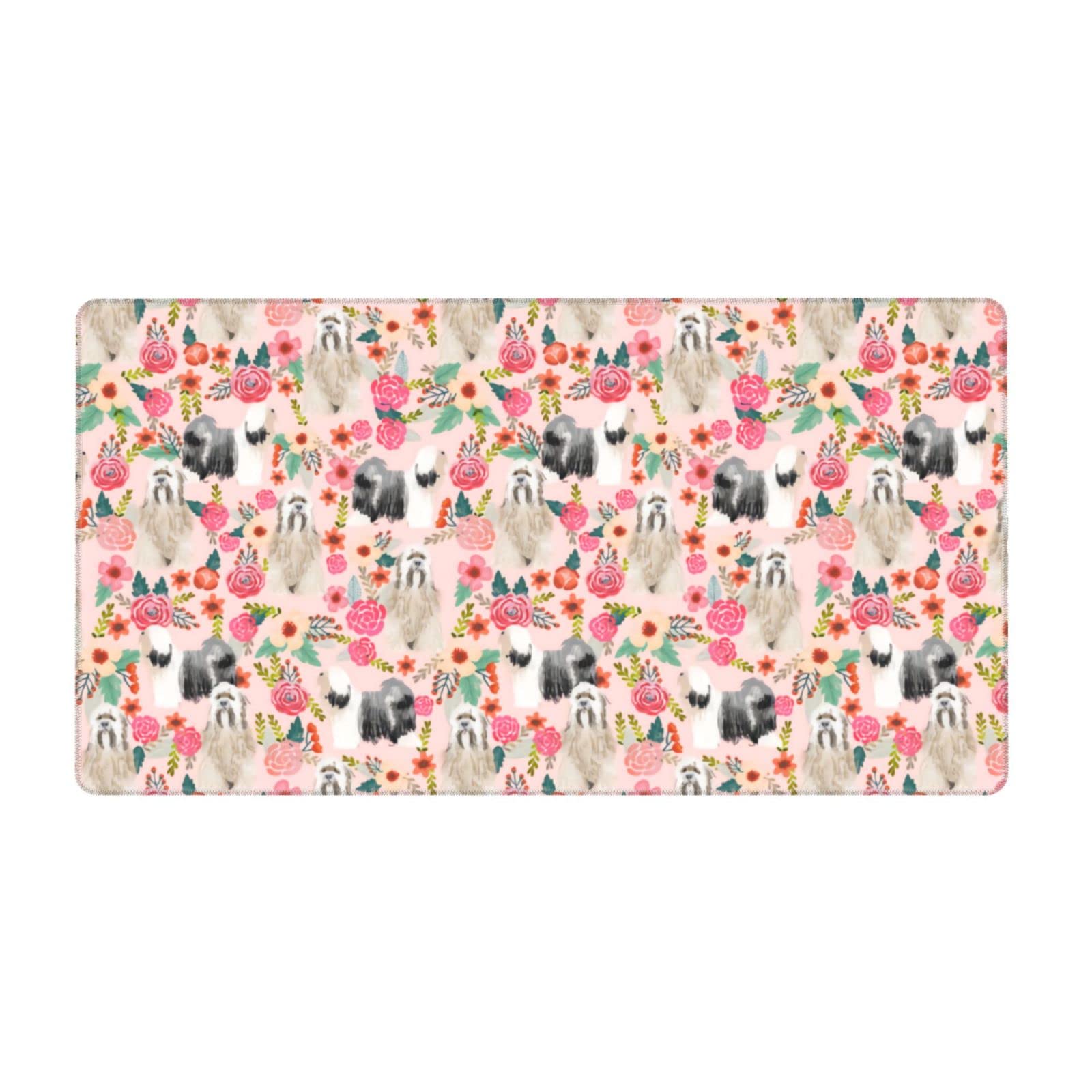 3D Printed Tibetan Terrier & Rose Floral Design Gaming Mouse Pad - 15.8x29.5 Inch Non-Slip Rubber Base with Stitched Edges for Computer, Laptop, Office & Gaming Desk - Perfect Birthday Gift for Dog Lovers