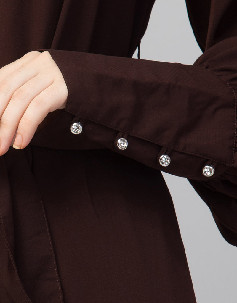Elegant Arabic Long Cuff Gathered Puffed Sleeve Brown Abaya Dress for Women | Modest Islamic Clothing | Perfect for Prayer, Eid, Wedding & Special Occasions